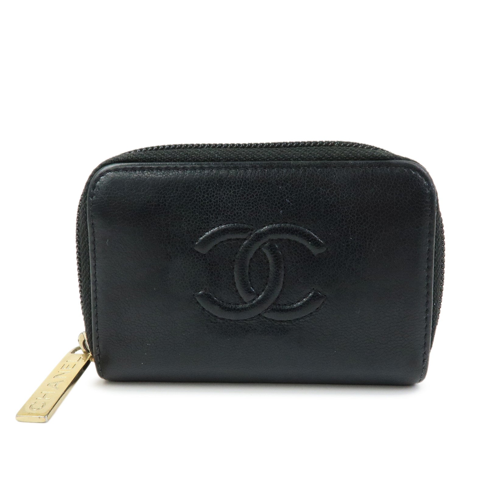 CHANEL COCO Mark Calf Skin Round Zippy Compact Wallet Black