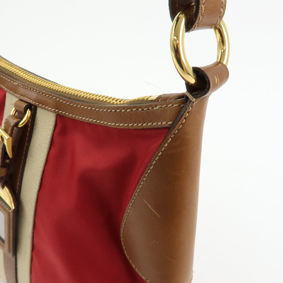 PRADA Triangle Logo Nylon Leather Shoulder Bag Red Beige Brown