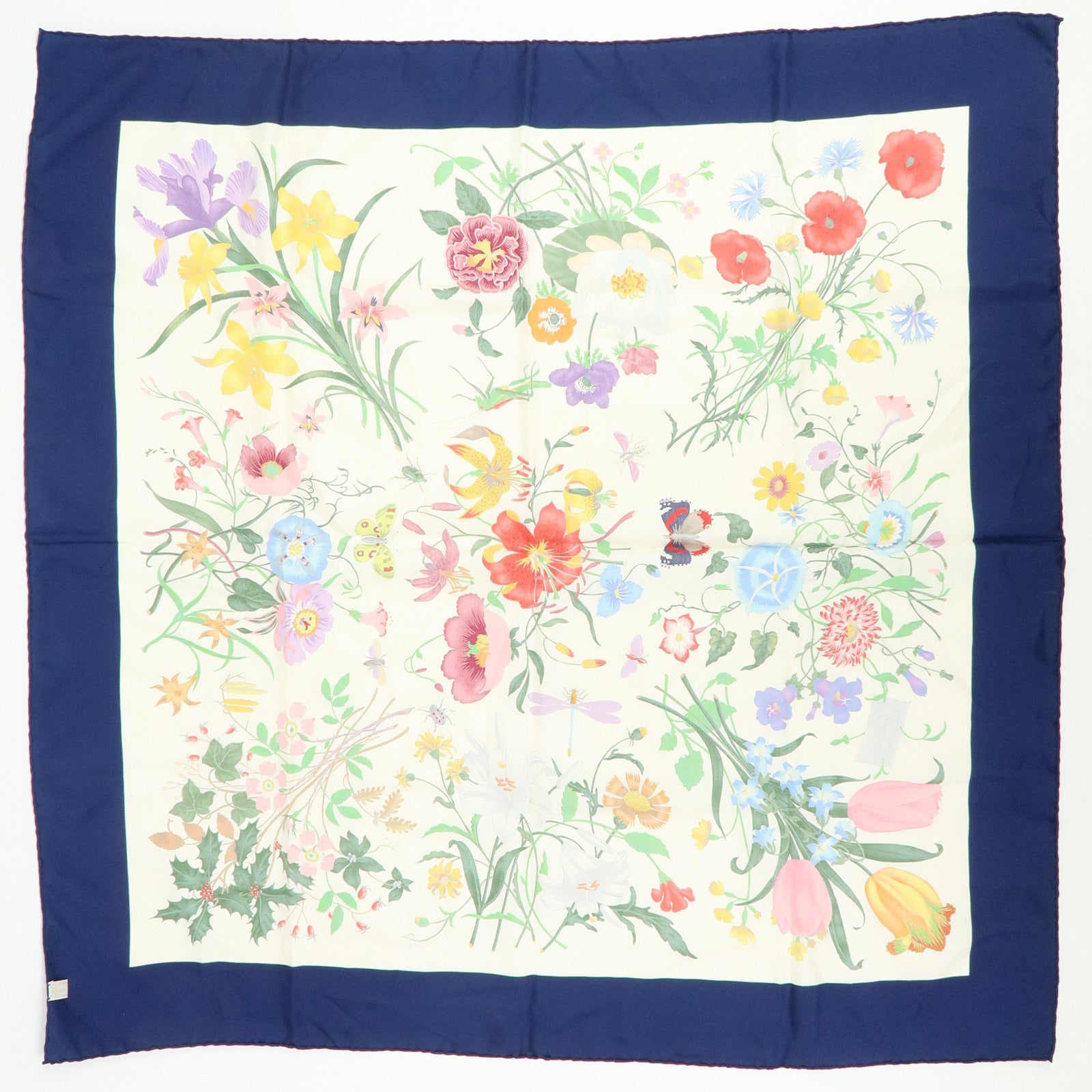 GUCCI Silk 100% Scarf Flower Design White Navy Pink