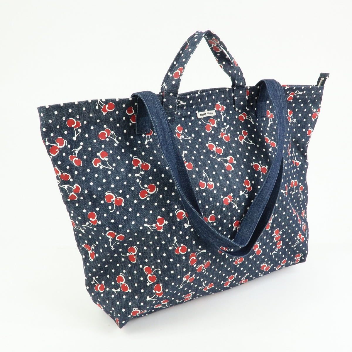 MIU MIU Denim 2Way Bag Tote Shoulder Bag Dots Cherry Print Blue 5BG108