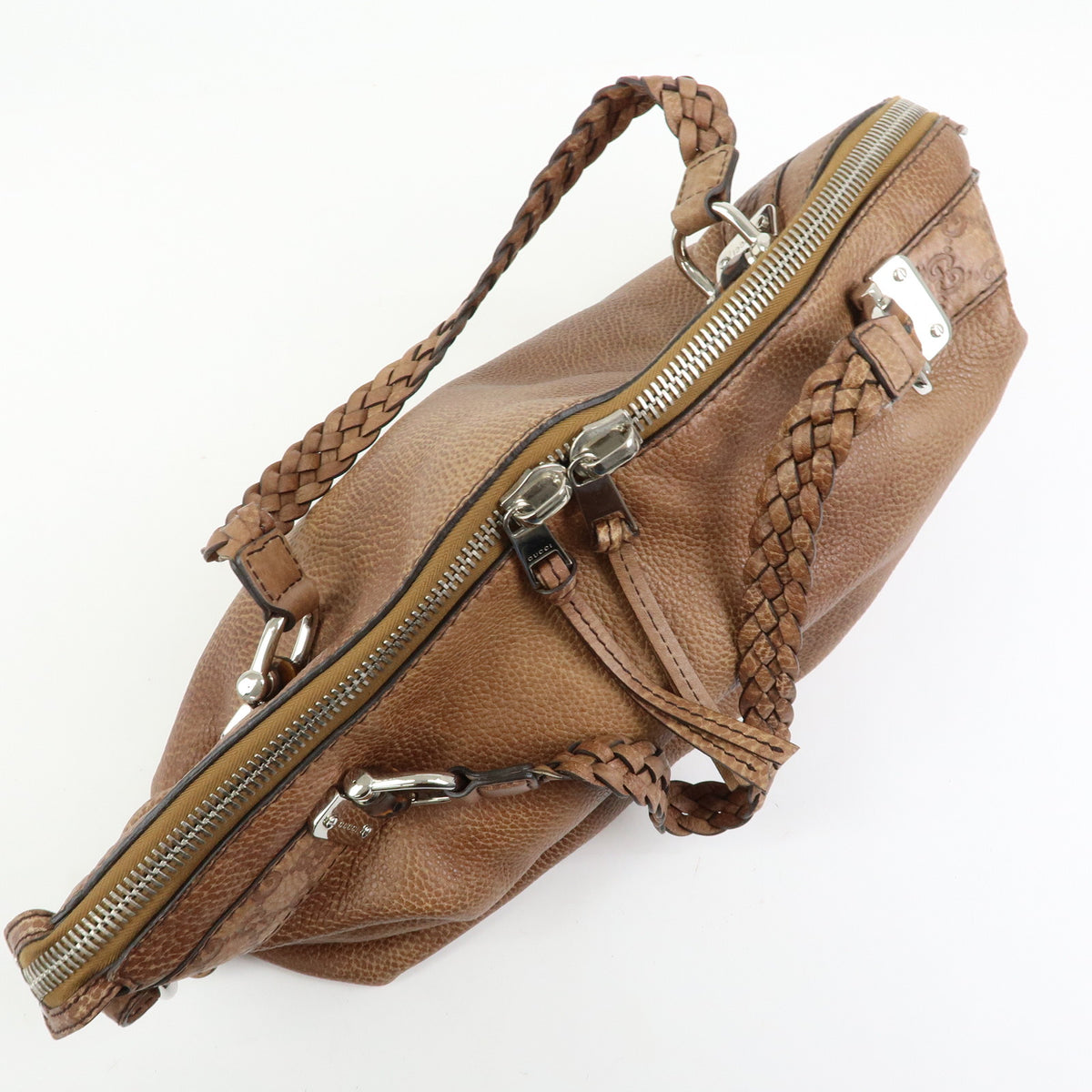 GUCCI Bamboo Embossed Leather Boston Bag Hand Bag Brown 232959