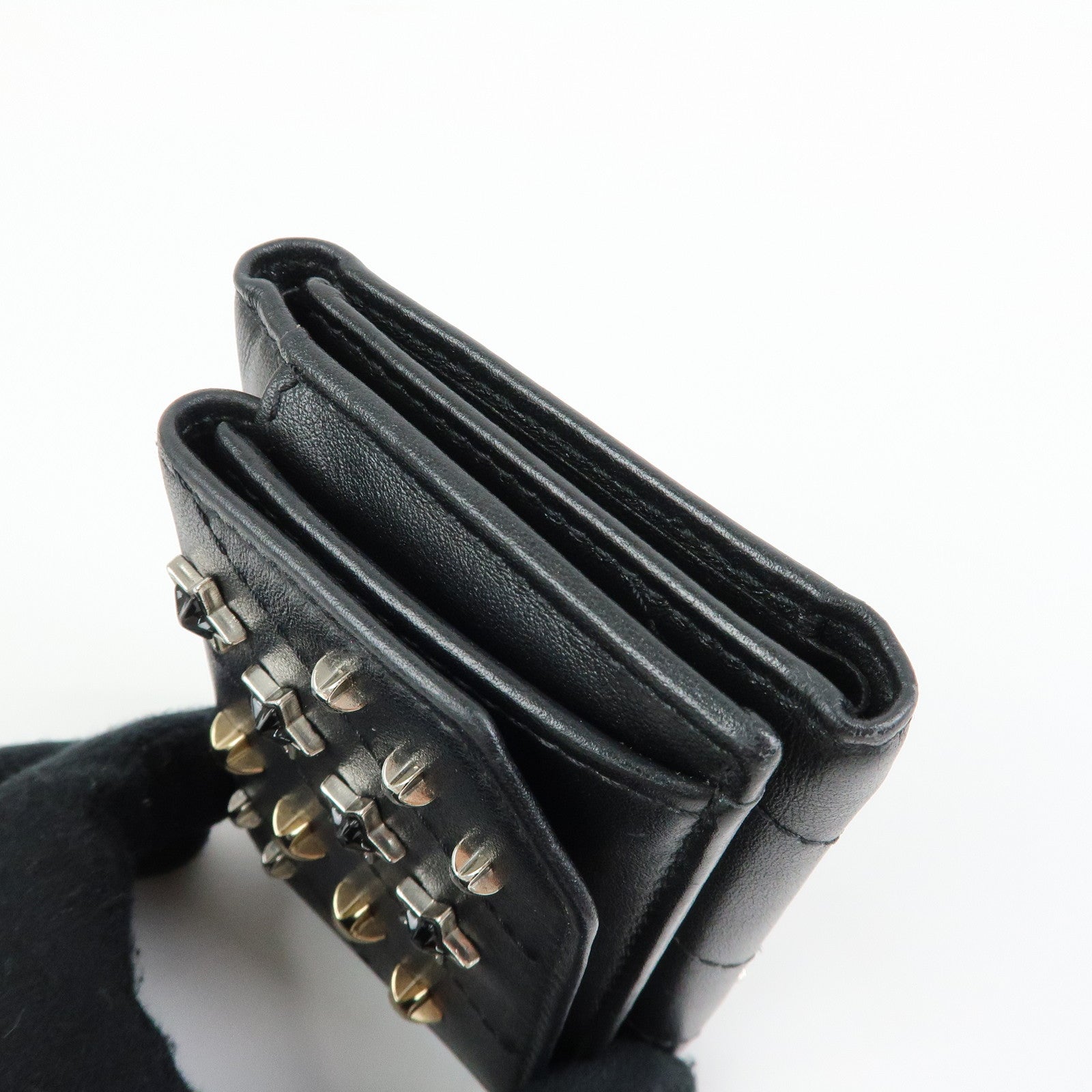 JIMMY CHOO Star Studs Leather Compact Tri-fold Wallet Black