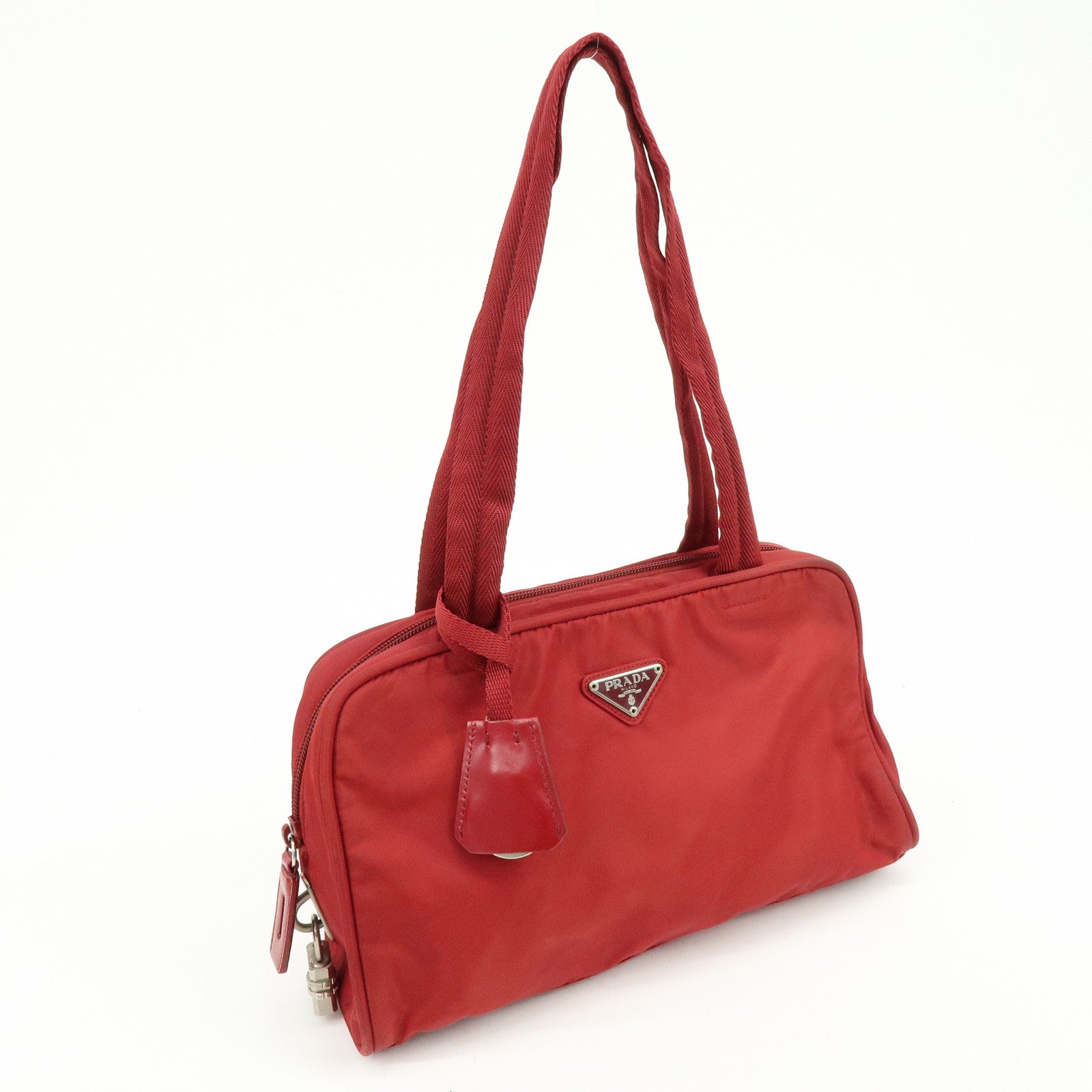PRADA Triangle Logo Nylon Tote Bag Shoulder Bag Dial Lock Red
