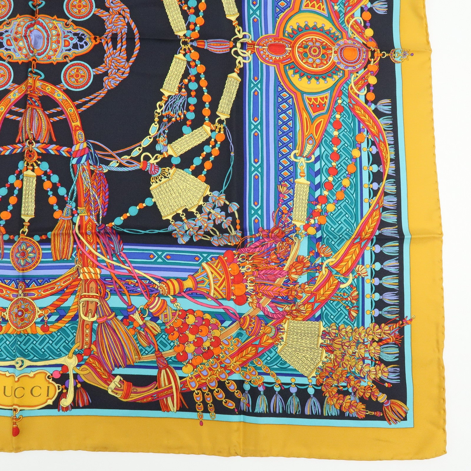 GUCCI Silk 100% Scarf Tassel Motif Black Yellow Multicolor