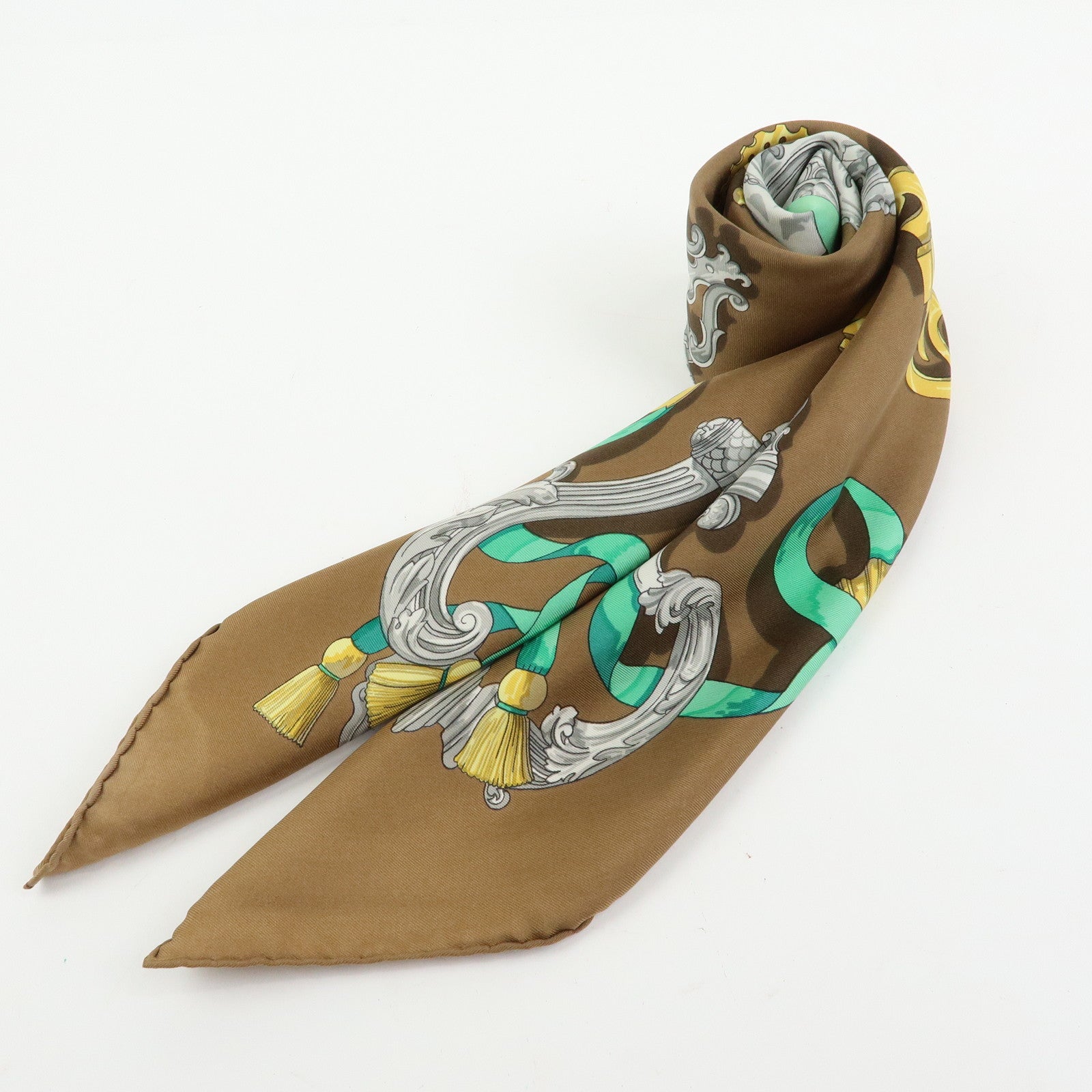 HERMES Carre 90 Silk 100% Scarf Ferronnerie Brown Gold