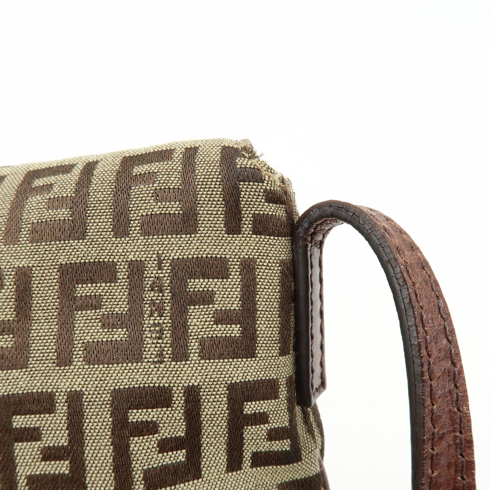 FENDI Zucchino Canvas Leather Shoulder Bag Beige Brown 8BT075