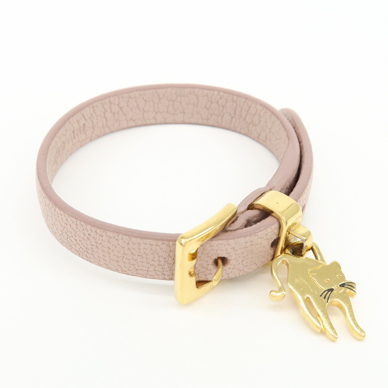MIU MIU Madras Leather Metal Bracelet Cat Motif Pink 51B090