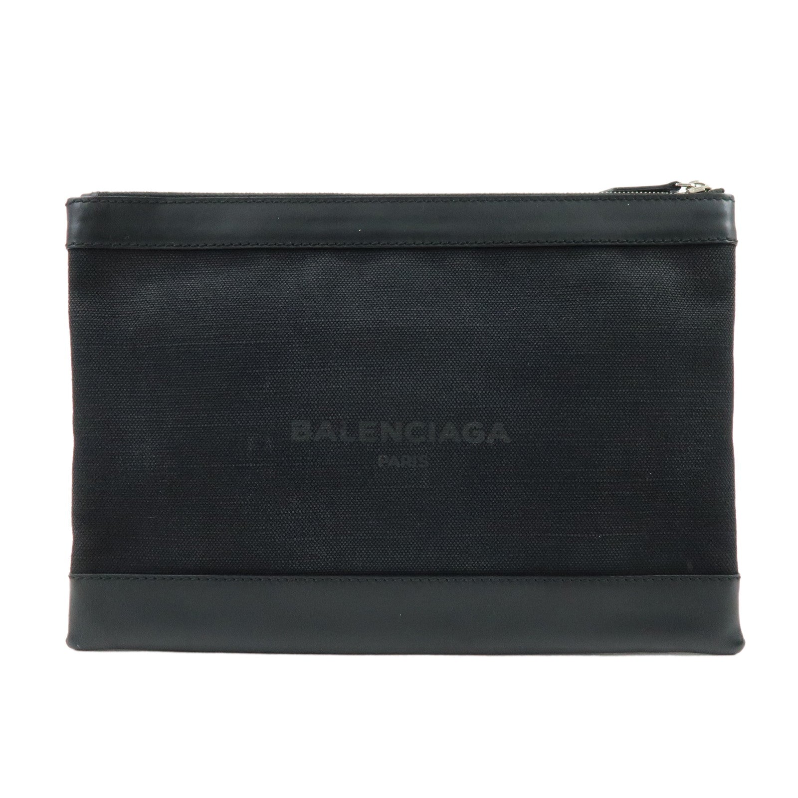 BALENCIAGA Navy Clip M Canvas Leather Clutch Bag Black 373834