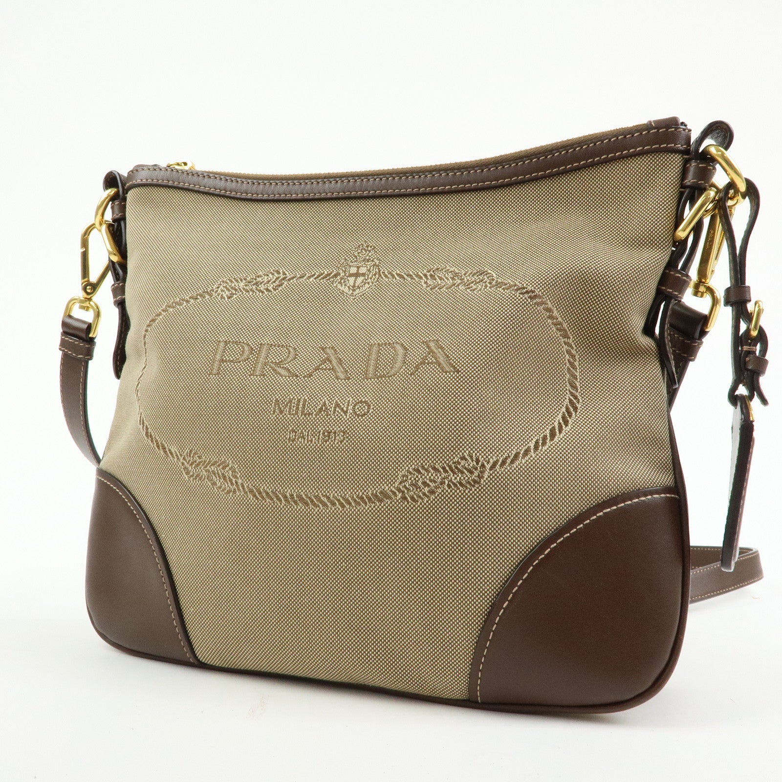 PRADA Jacquard Canvas Leather Shoulder Bag Crossbody Bag Beige Brown
