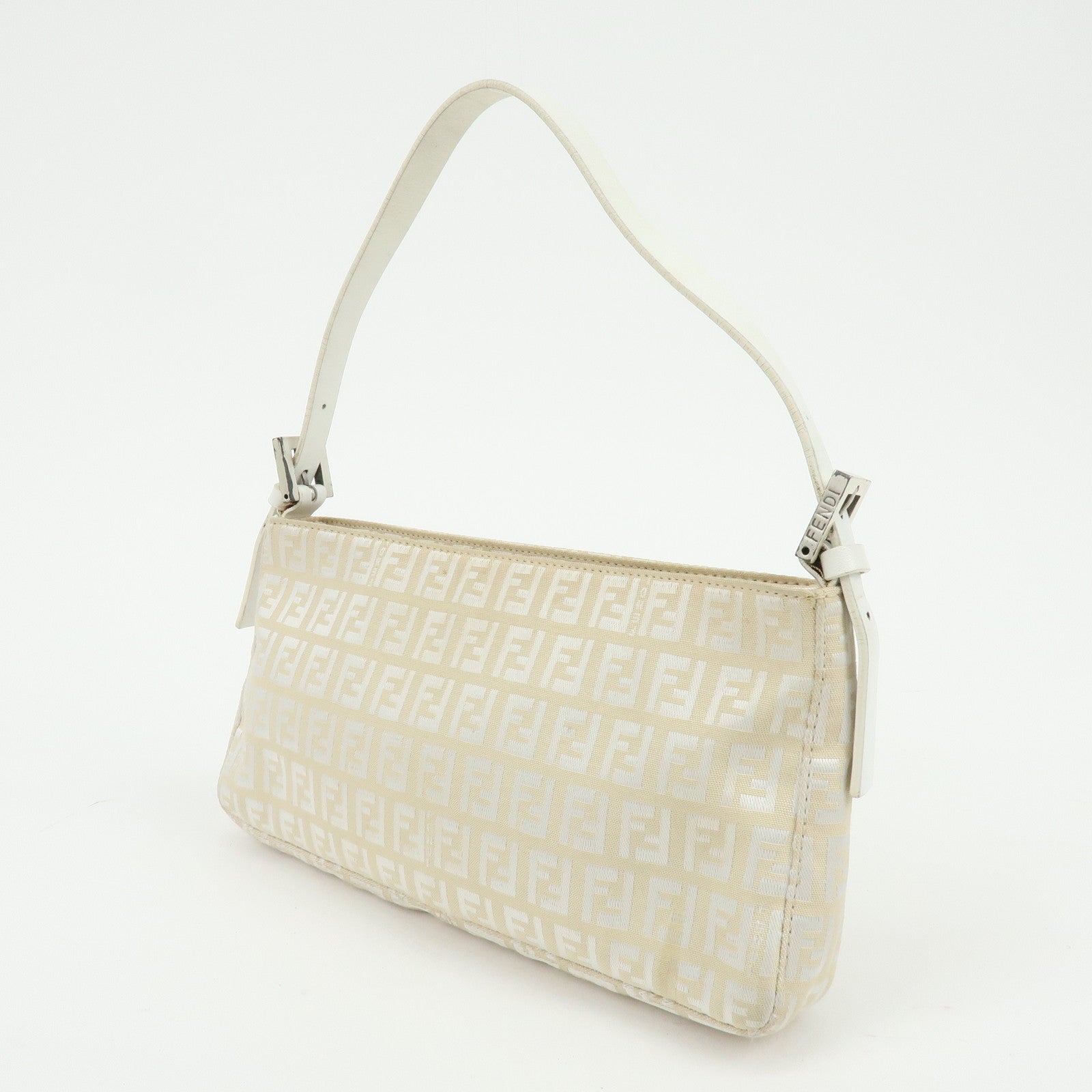 FENDI Zucchino Canvas Leather Shoulder Bag Hand Bag Beige White 8BR042