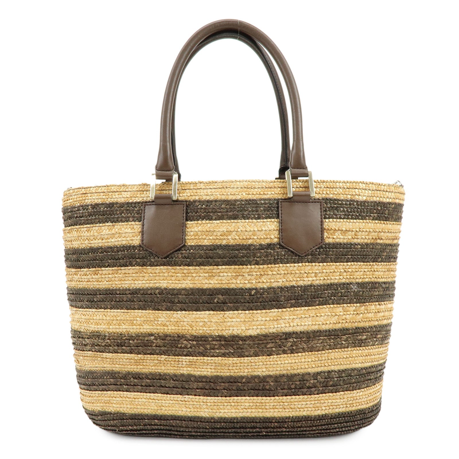 FENDI Pequin Raffia Leather Tote Bag Shoulder Bag Brown Natural