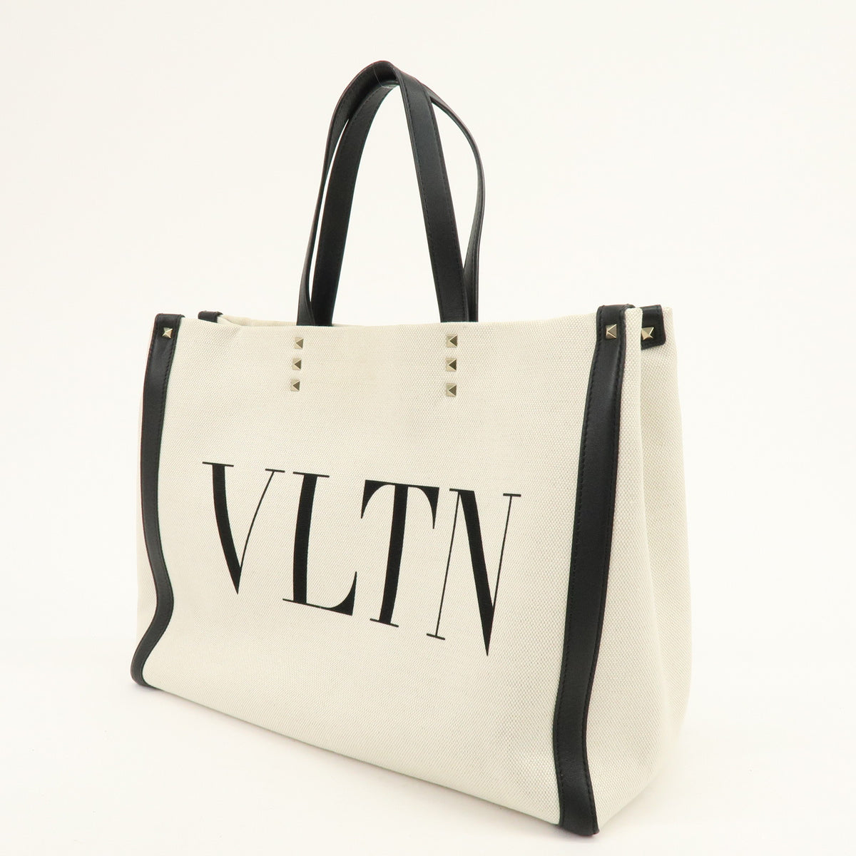 VALENTINO VLTN Rockstud Canvas Leather Tote Bag Hand Bag White Black