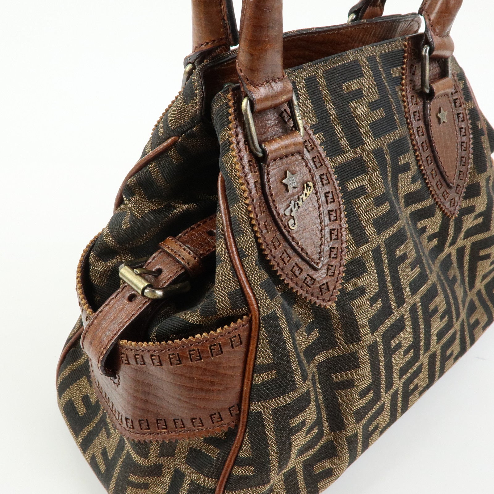 FENDI Zucca Etnico Canvas Leather Hand Bag Brown 8BN157