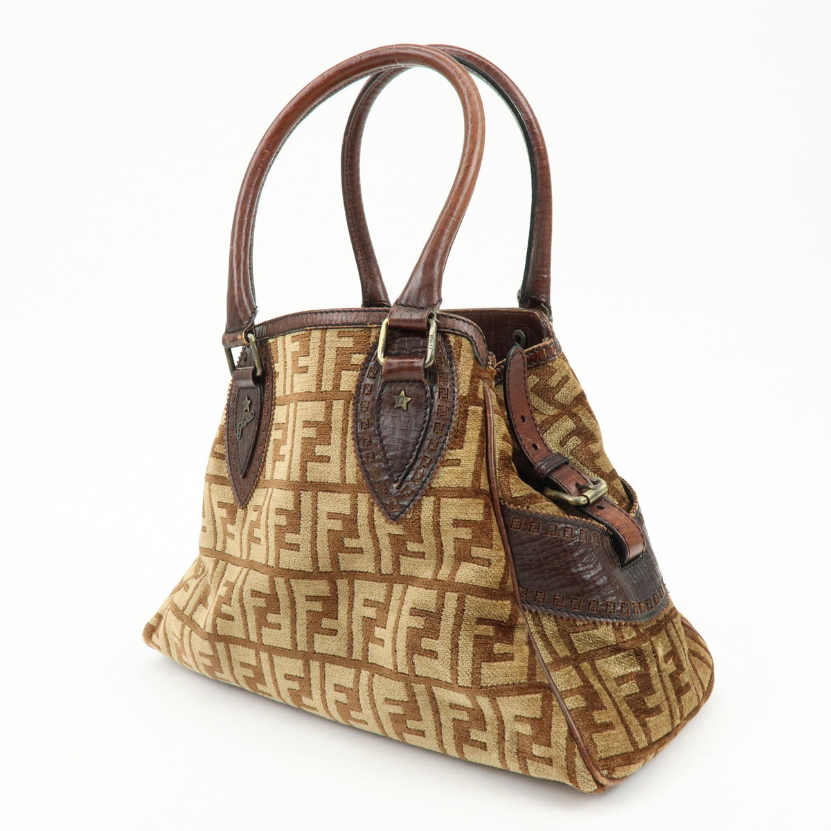 FENDI Zucca Etnico Velour Leather Tote Bag Shoulder Bag Brown 8BN157