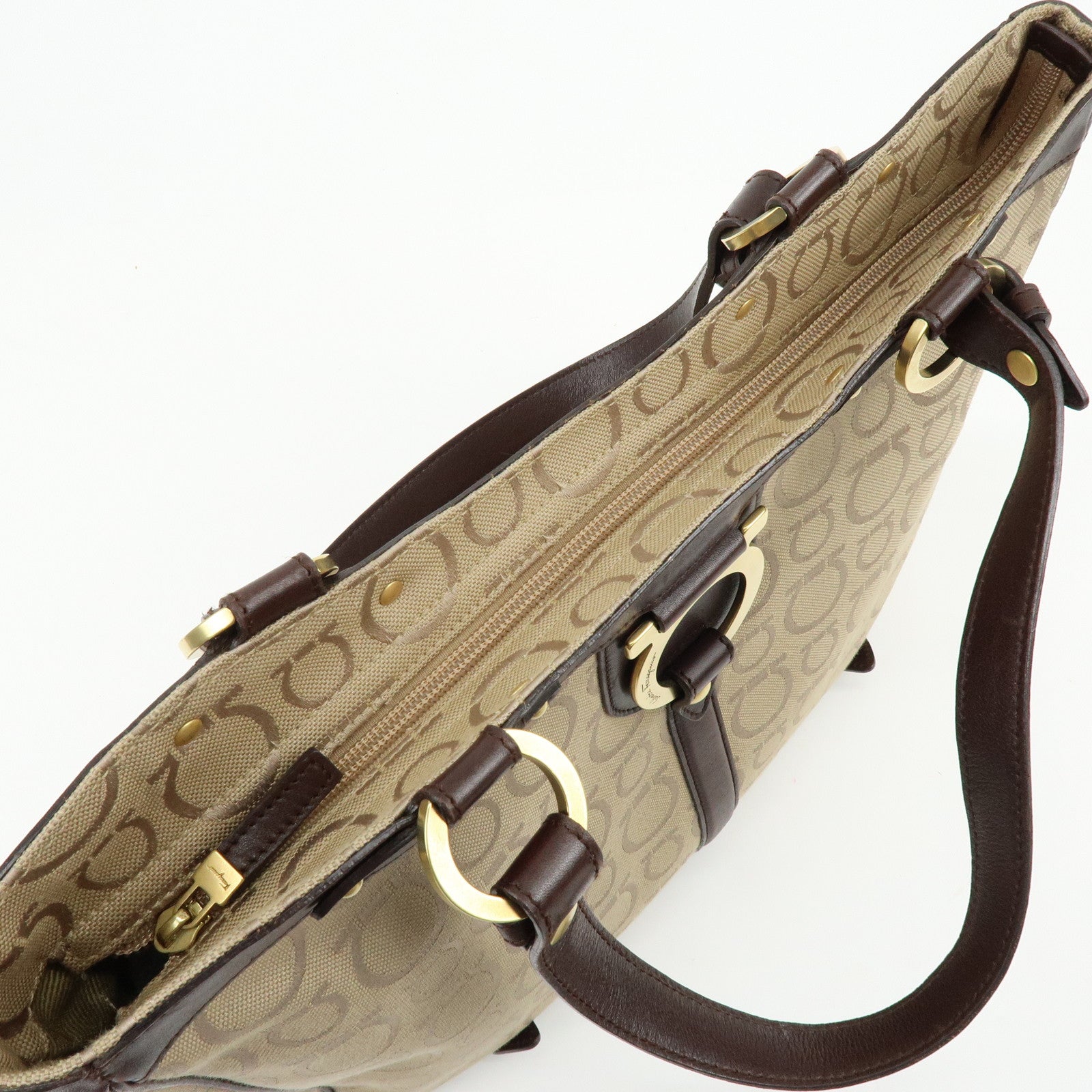Ferragamo Gancini Canvas Leather Tote Bag Hand Bag Beige Brown