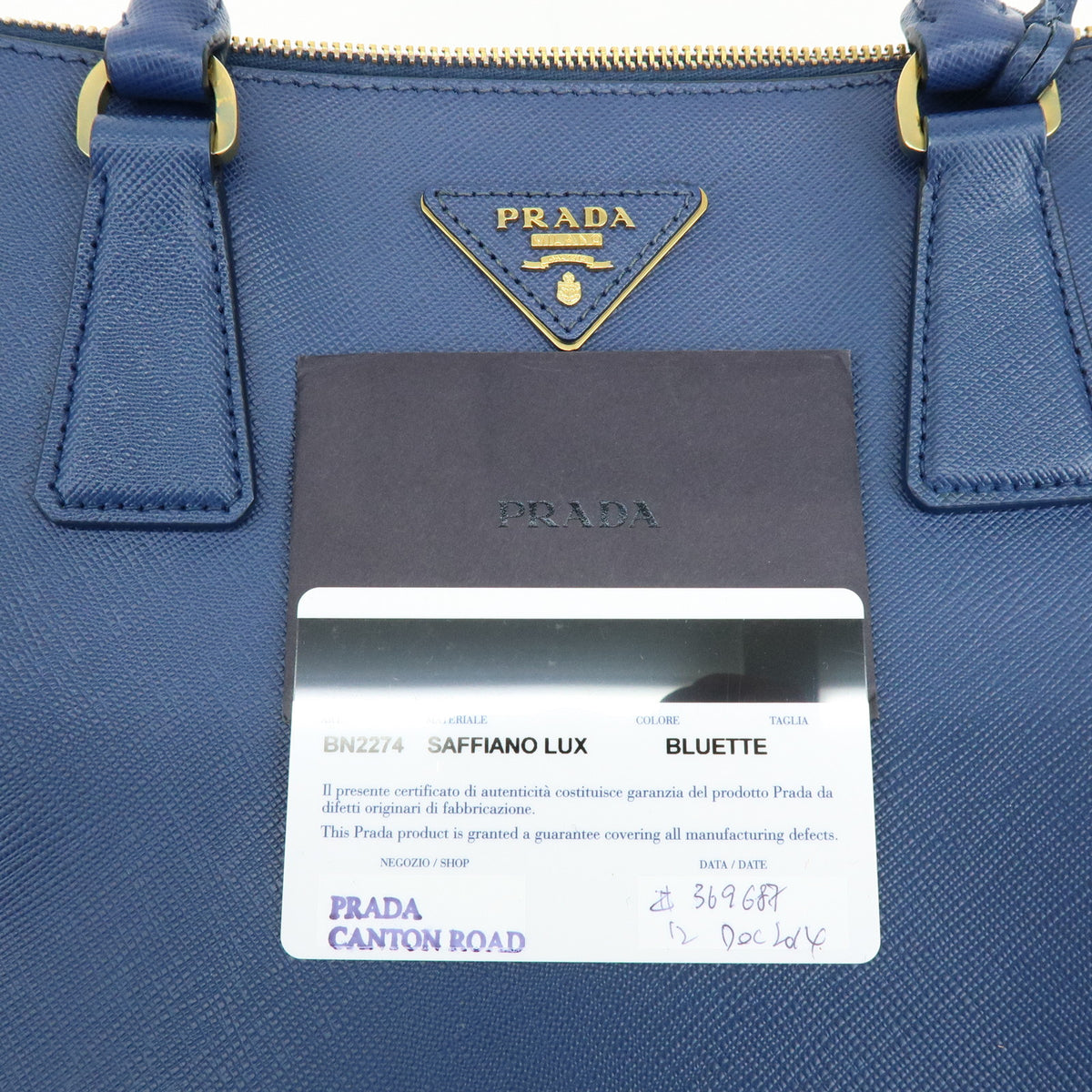 PRADA Galleria Triangle Log Saffiano Leather 2Way Hand Bag Blue BN2274