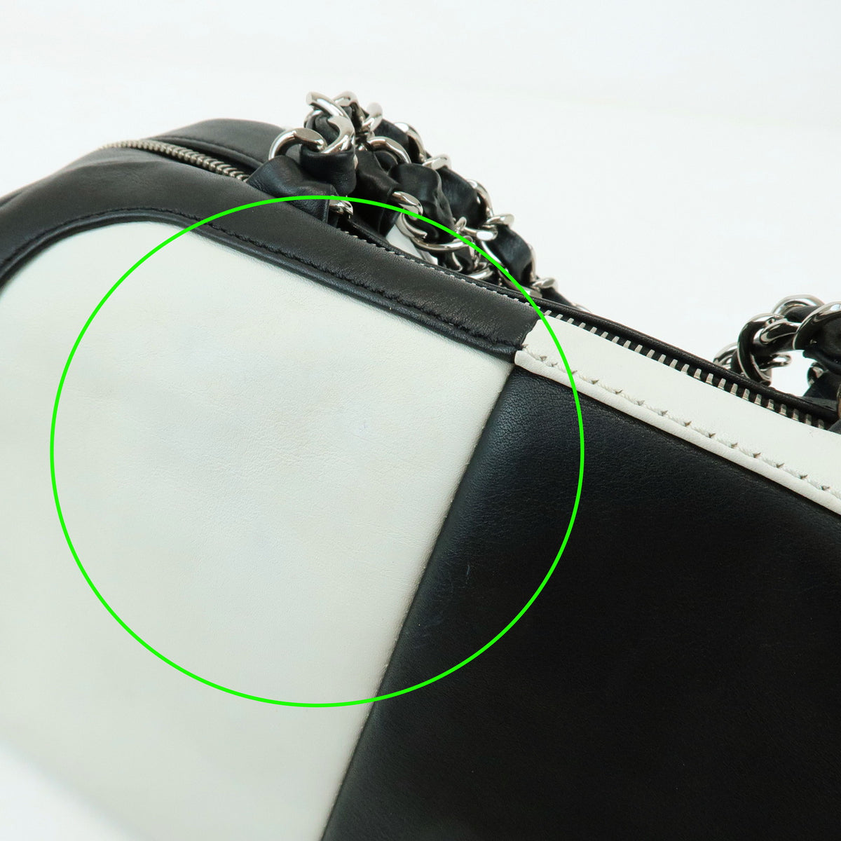 CHANEL COCO Mark Bicolor Lamb Skin Bowling Bag Hand Bag Black White
