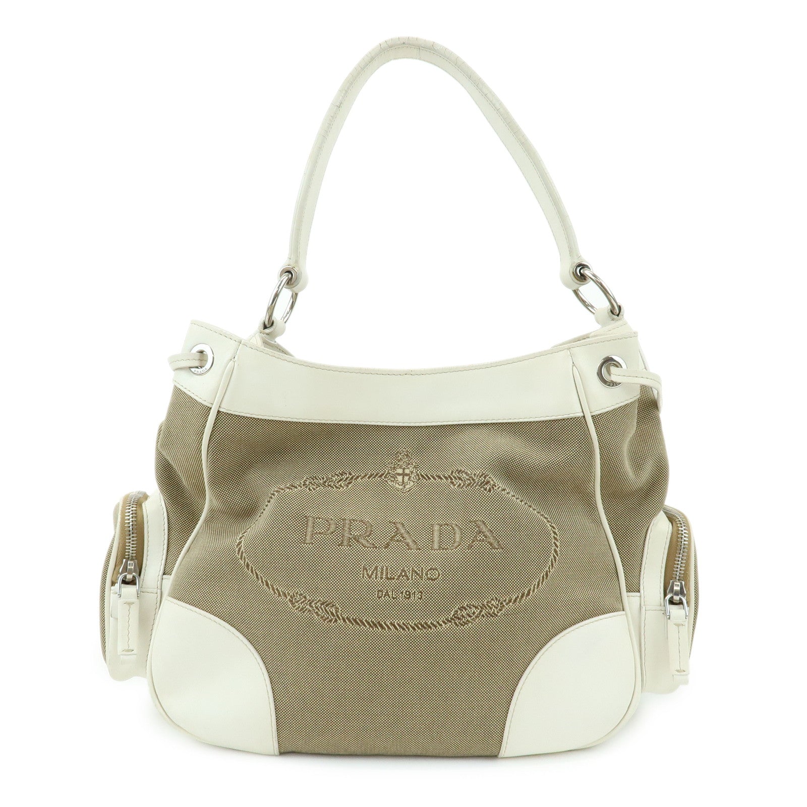 PRADA Triangle Logo Nylon Jacquard Leather Shoudler Bag Beige Ivory