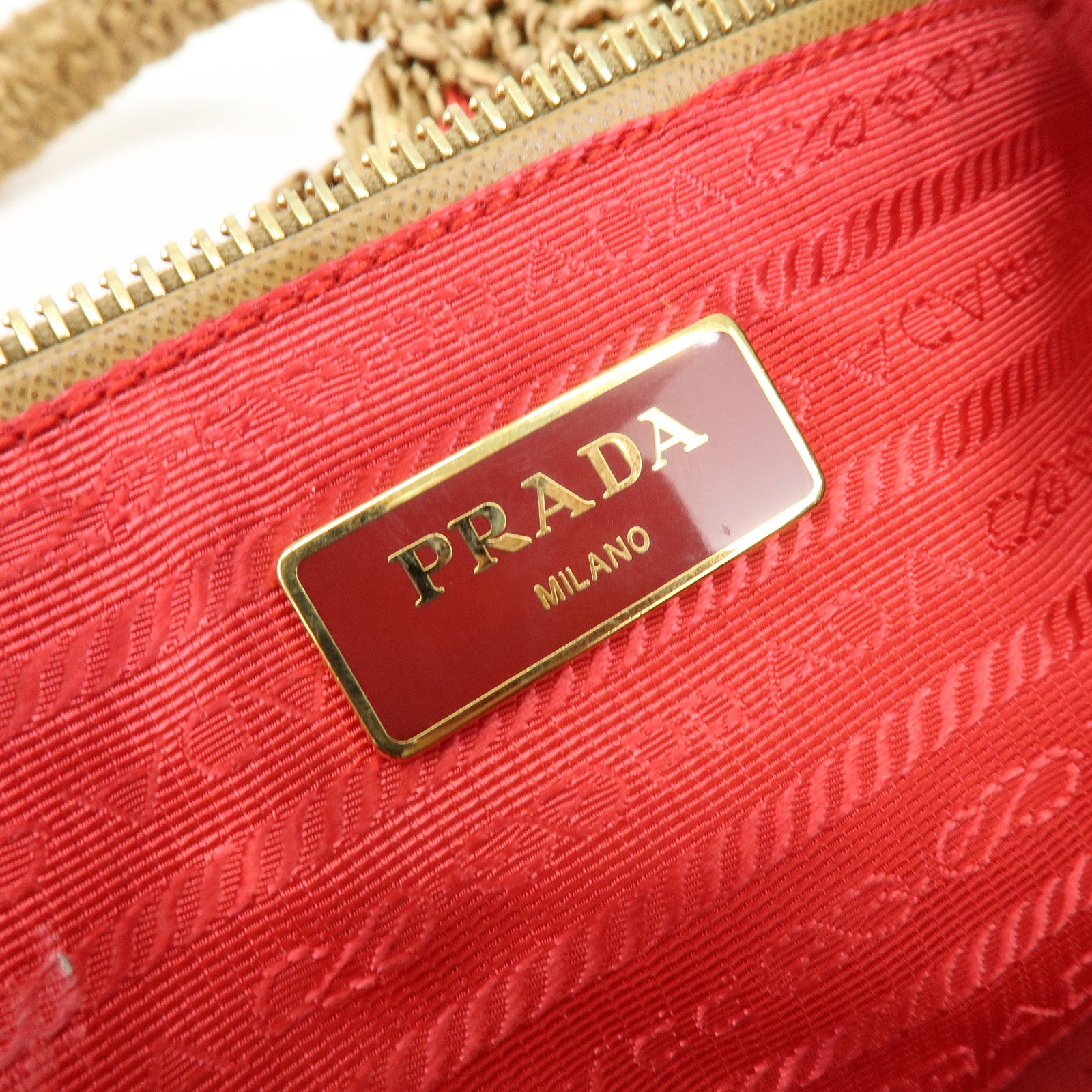 PRADA Canapa Large Triangle Logo Raffia Tote Bag Natural Red BN2302