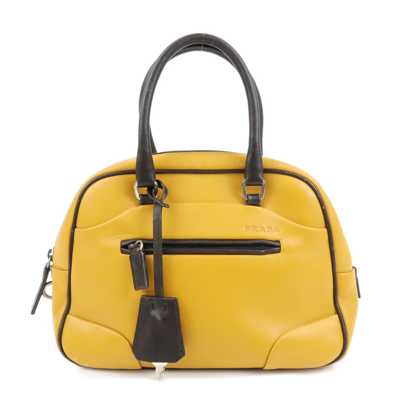 PRADA Leather Bicolor Hand Bag Bowling Bag Yellow Brown