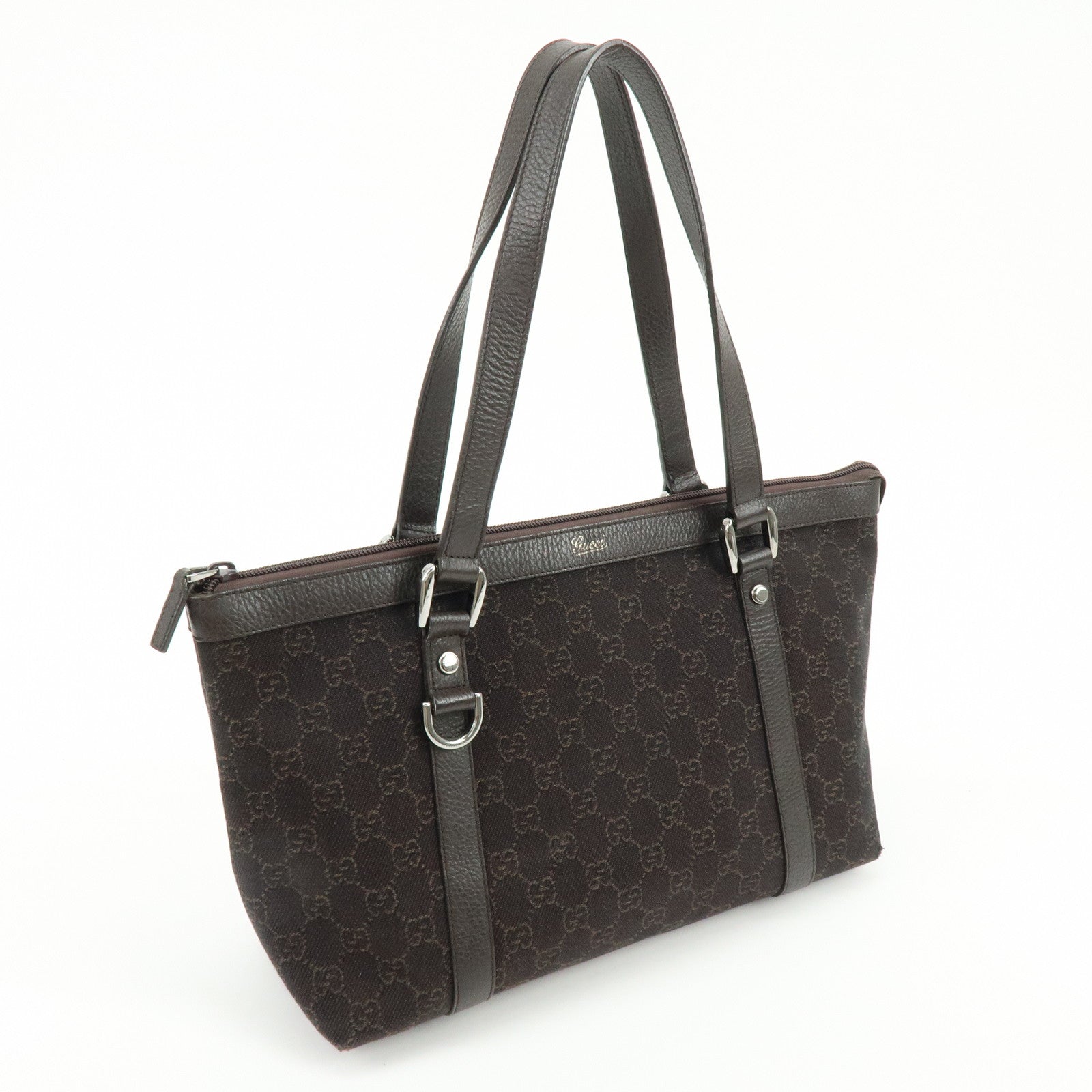 GUCCI Abbey GG Denim Leather Tote Bag Hand Bag Dark Brown 268640