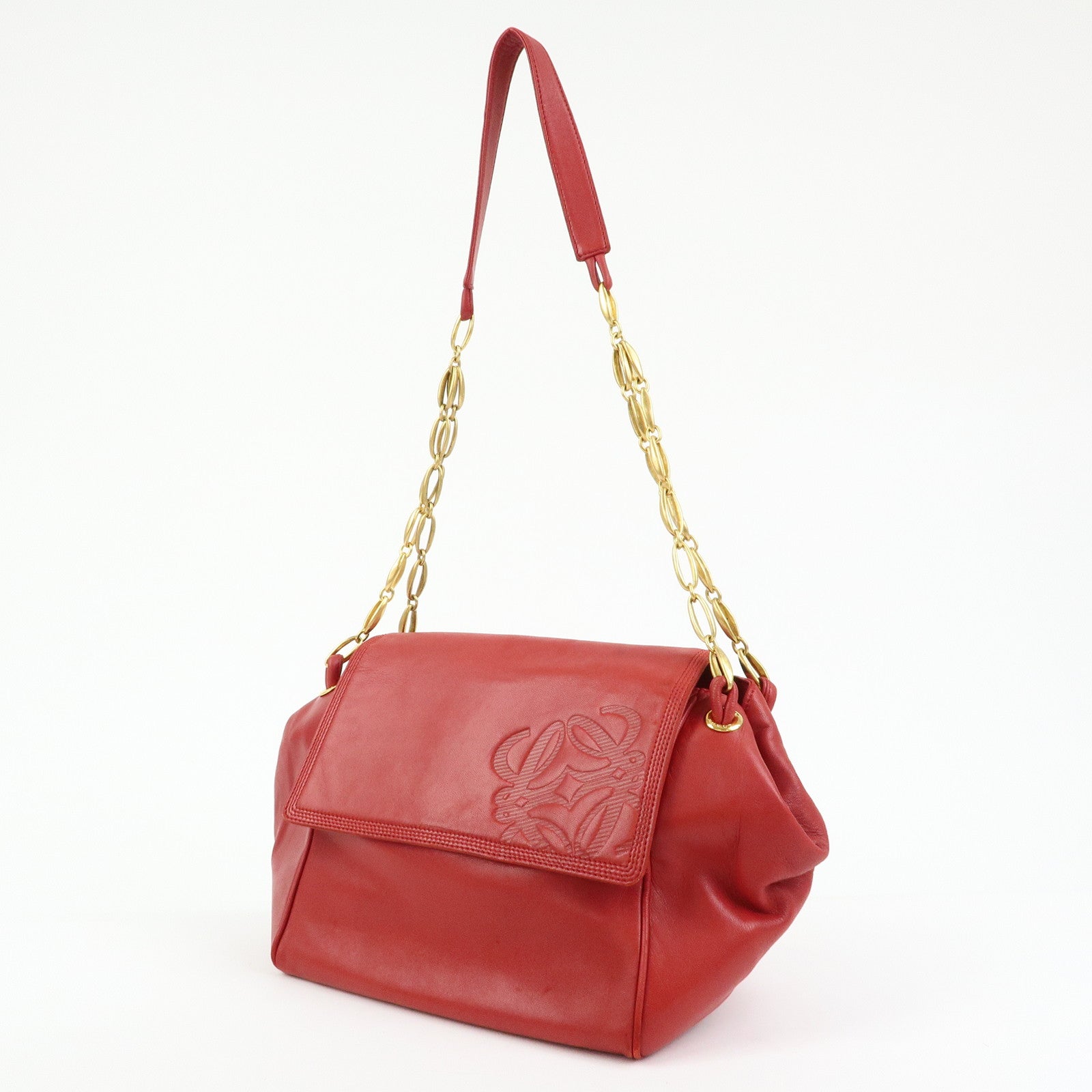 LOEWE Anagram Nappa Leather Chain Shoulder Bag Red Gold