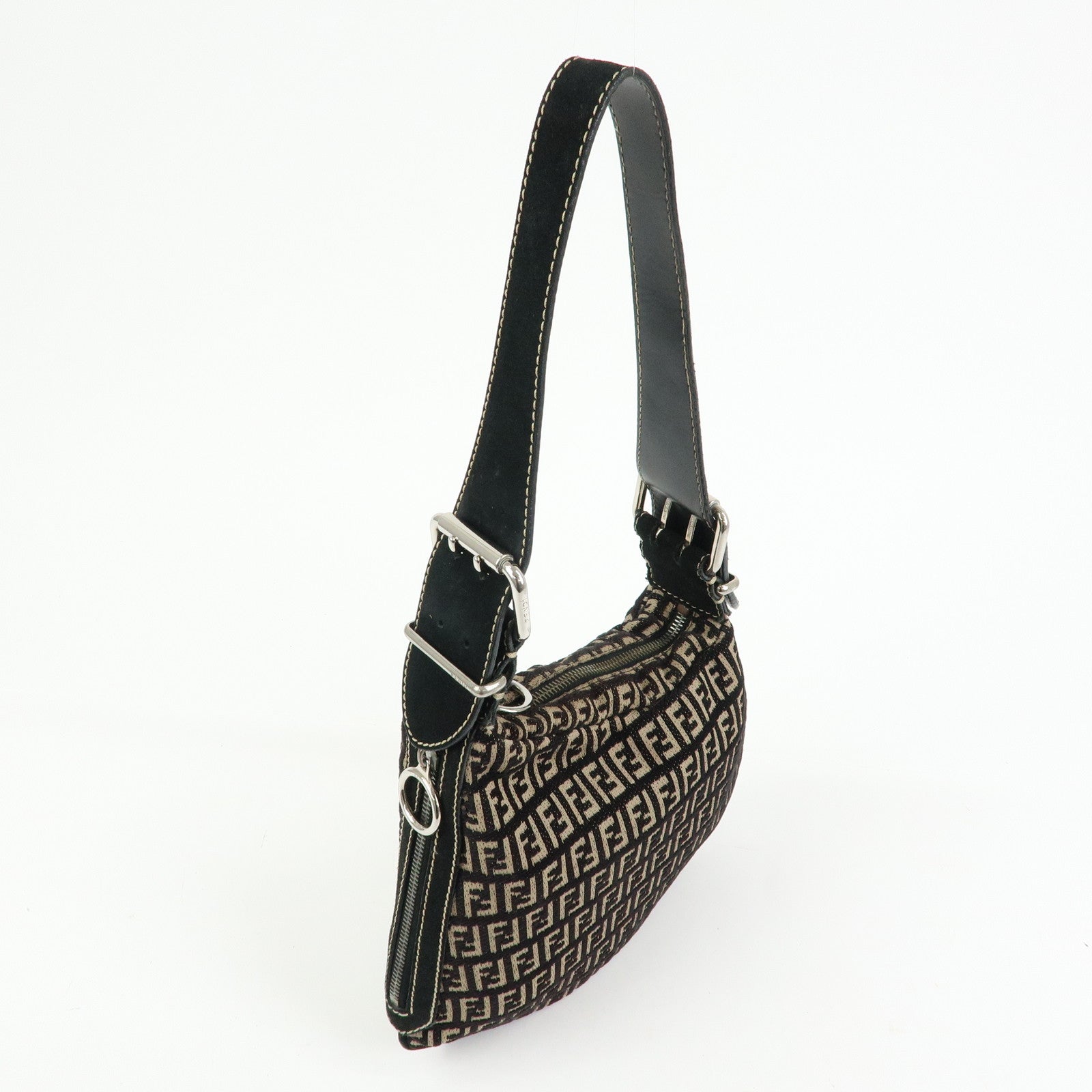 FENDI Zucchino Canvas Leather Shoulder Bag Hand Bag Black Beige