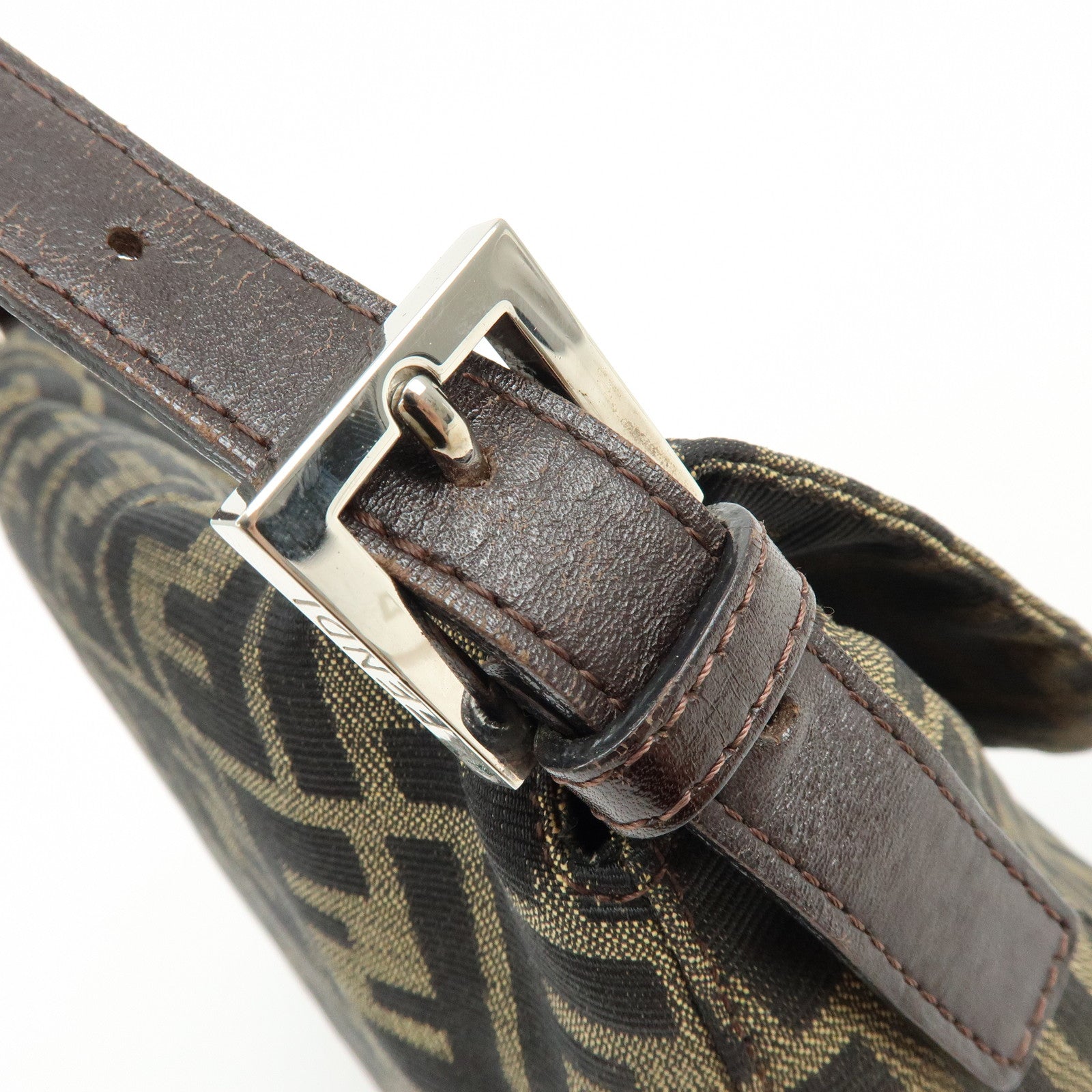 FENDI Mamma Baguette Jacquard Canvas Leather Shoulder Bag Brown 26325