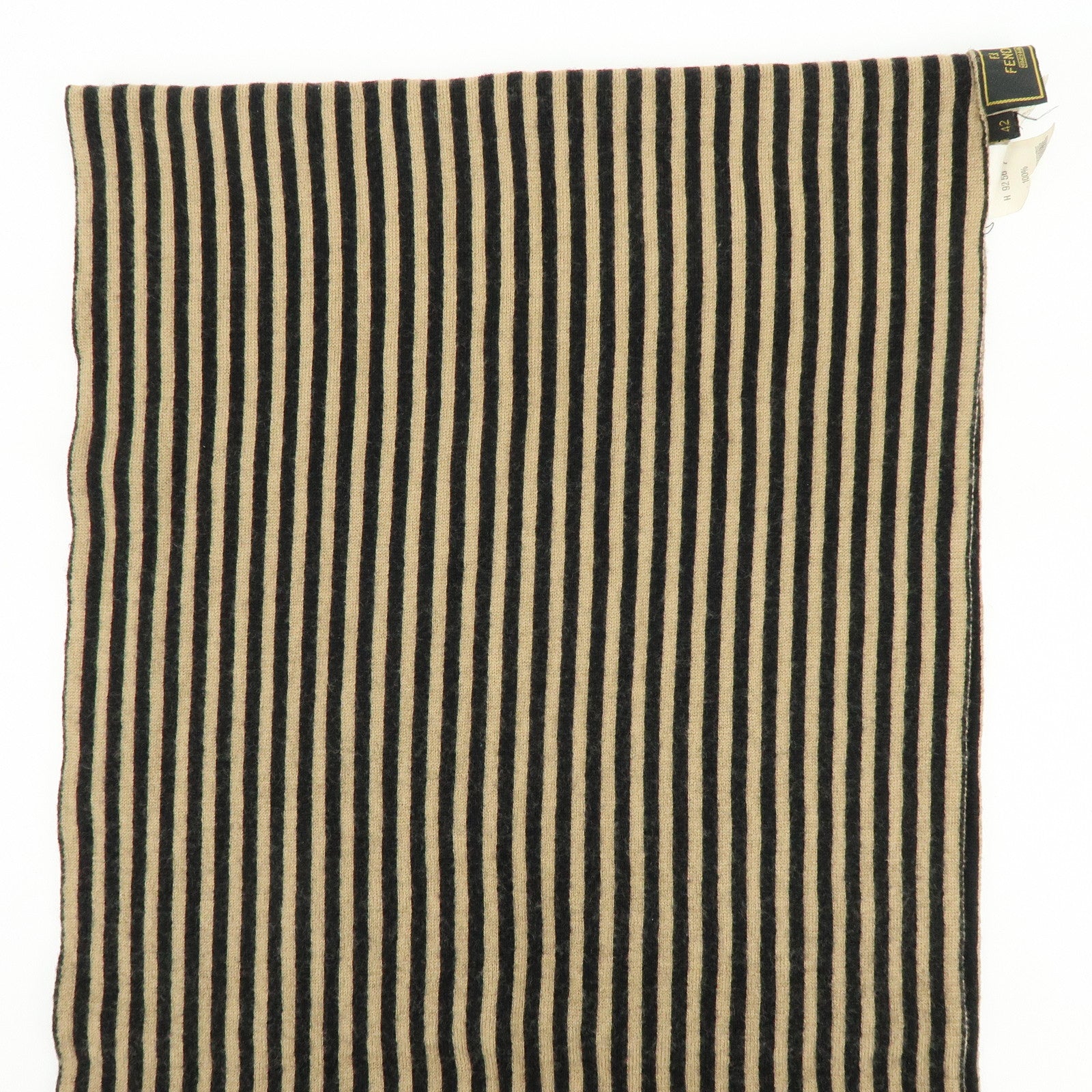 FENDI Zucca FF Logo Wool 100% Scarf Stole Stripe Beige Black