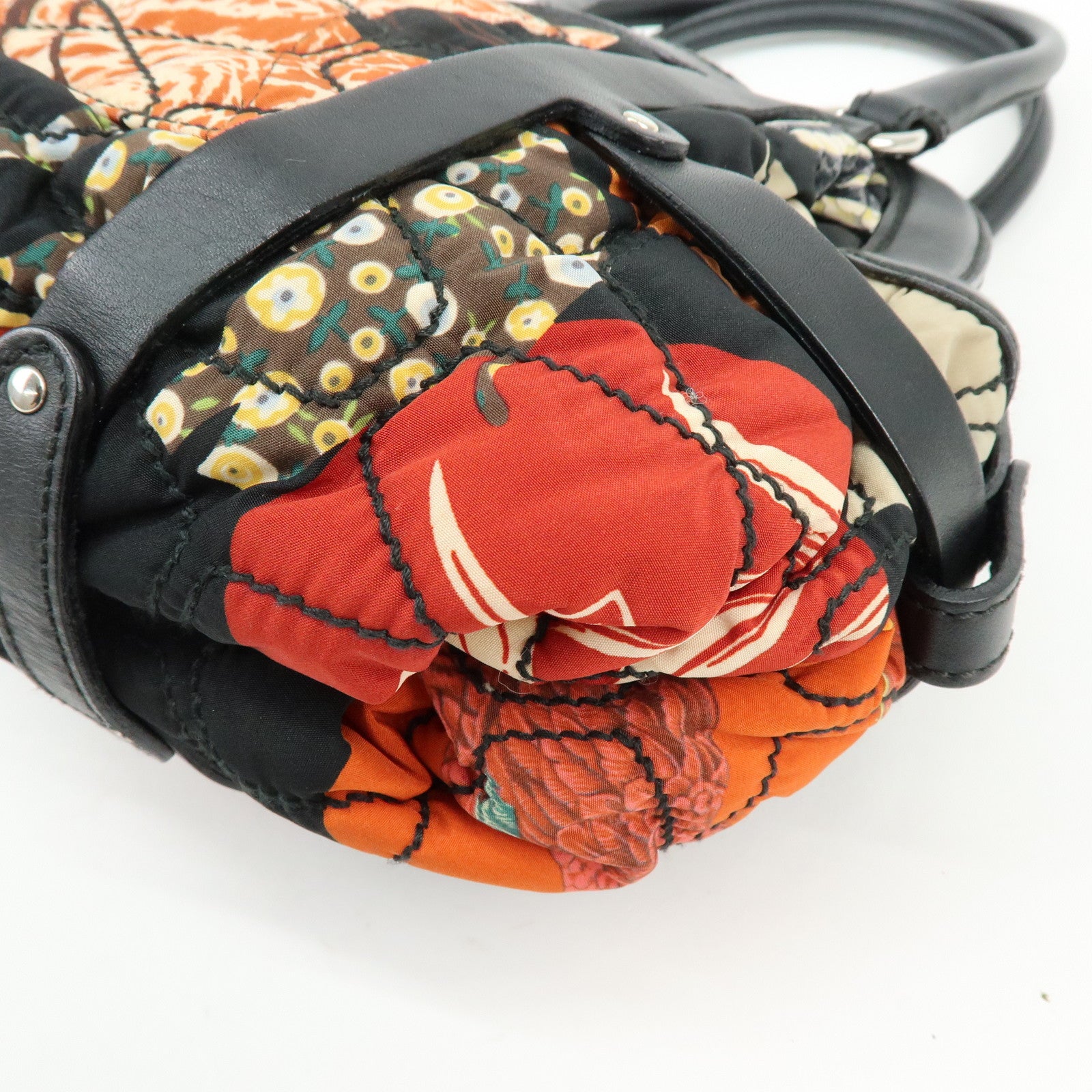 Ferragamo Nylon Quilting Leather Hand Bag Animalier Black Multicolor