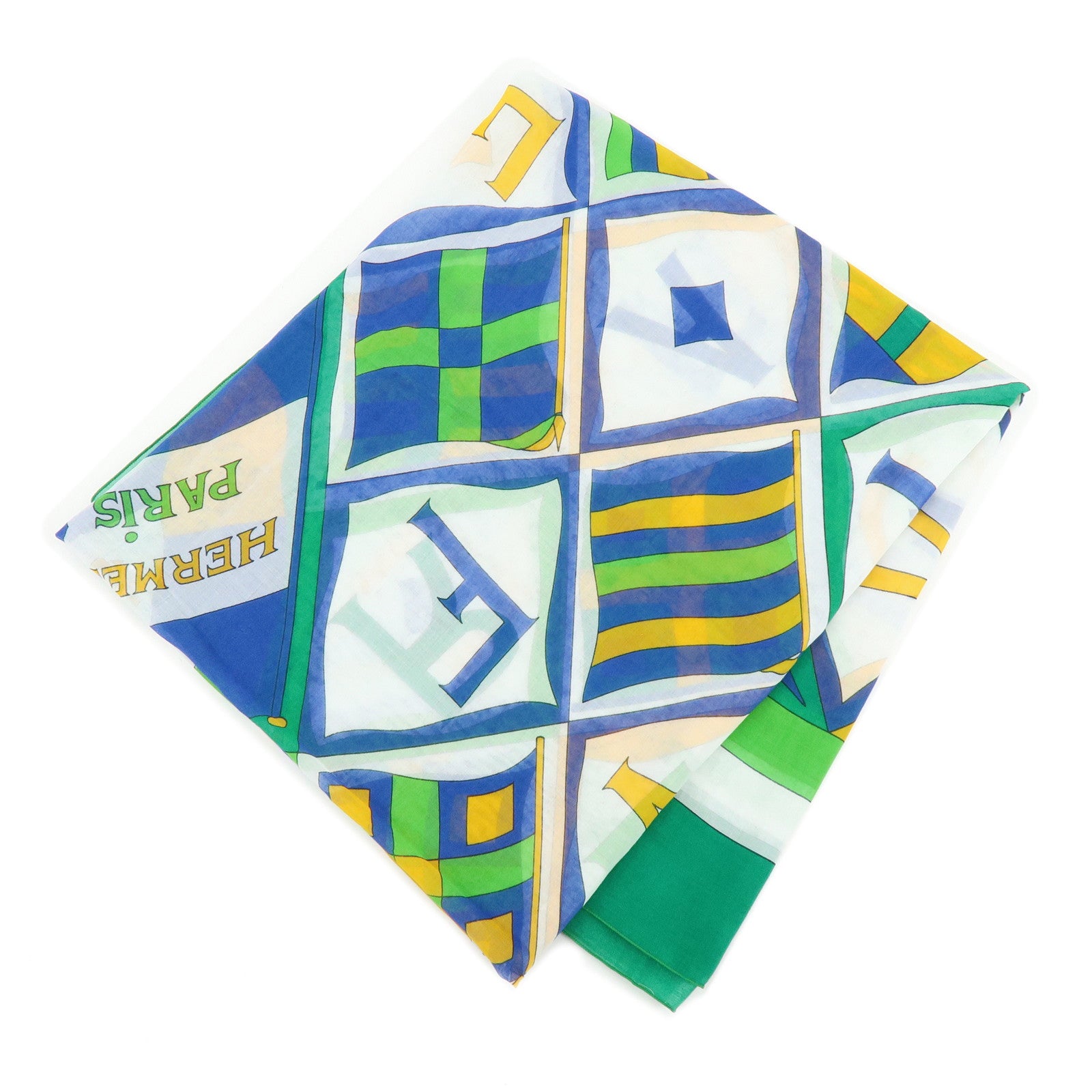 HERMES Vive La France Cotton 100％ Scarf Pareo Green Blue Yellow