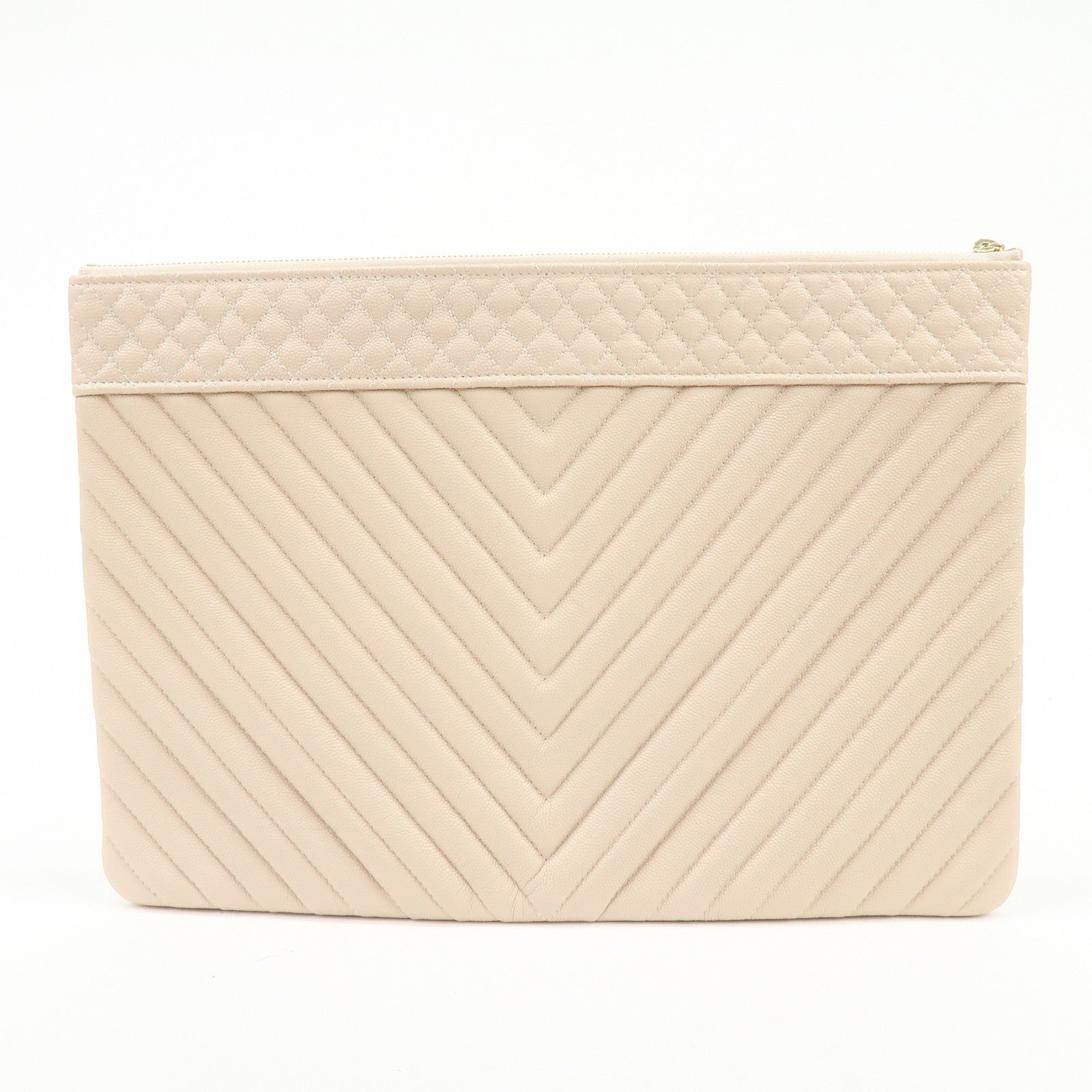 CHANEL COCO Mark Shevron V Stitch Caviarskin Clutch Bag Beige A69251