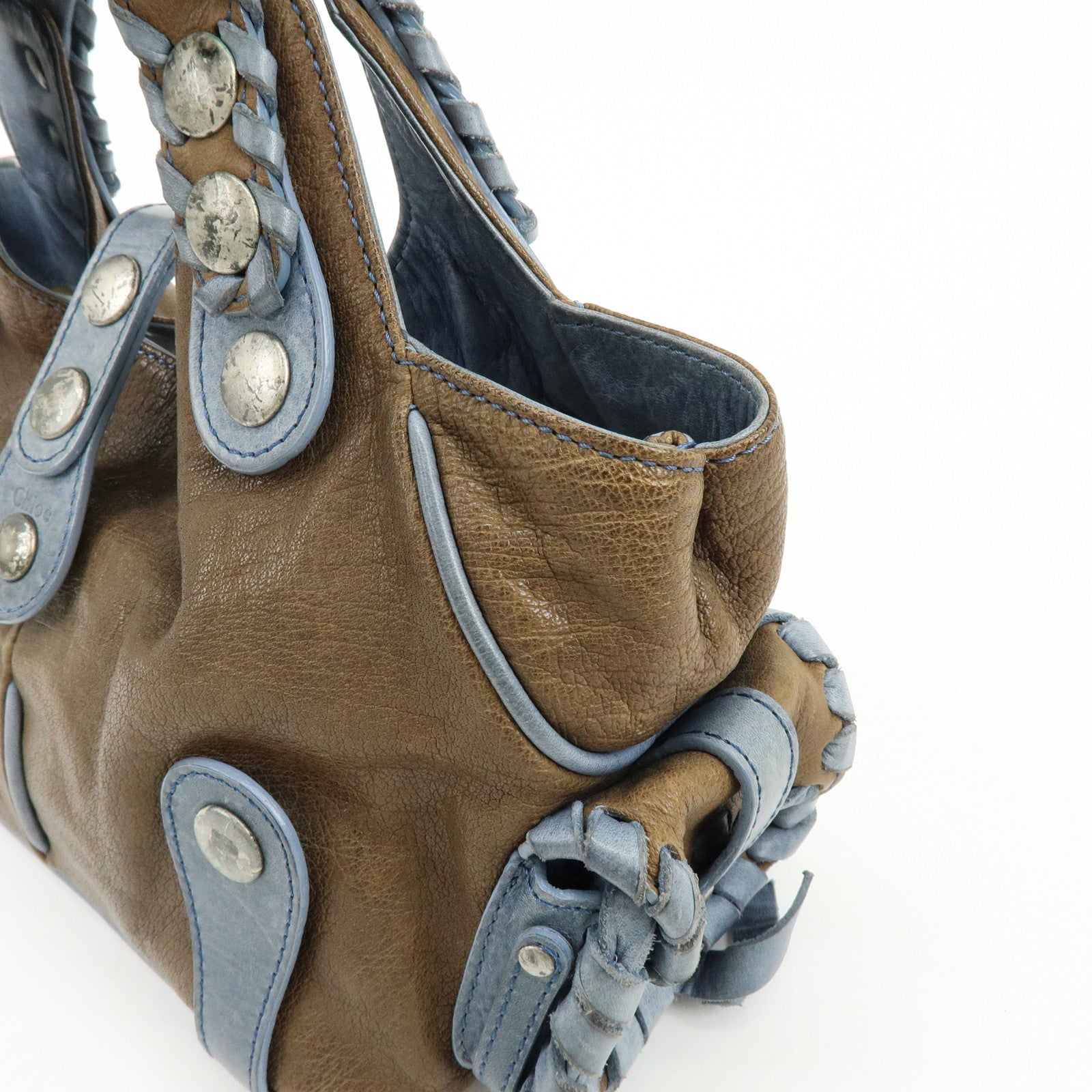 Chloe Silverado Leather Hand Bag Tote Bag Blaided Studs Brown Blue
