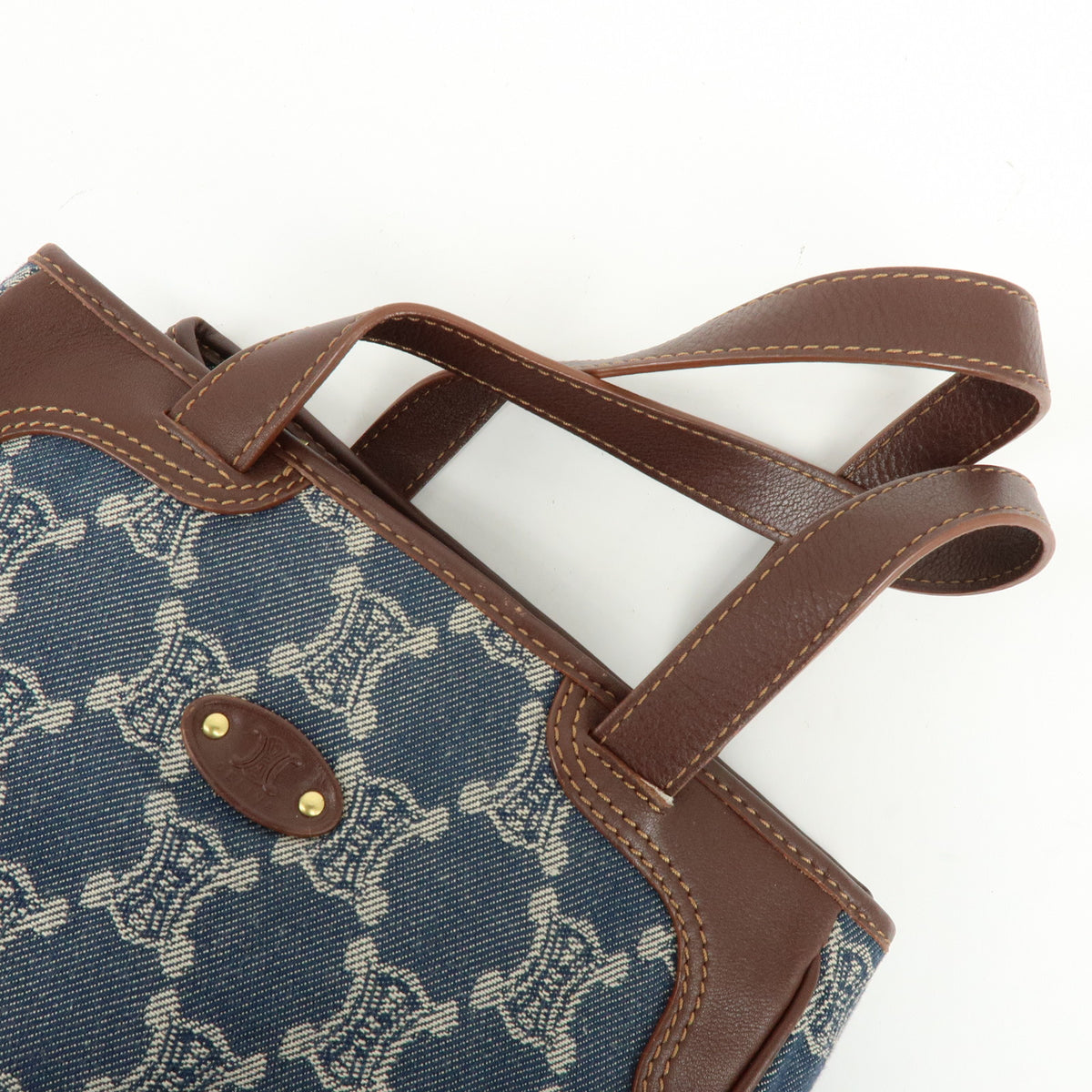 CELINE Paris Macadam Denim Leather Mini Tote Hand Bag Navy Brown