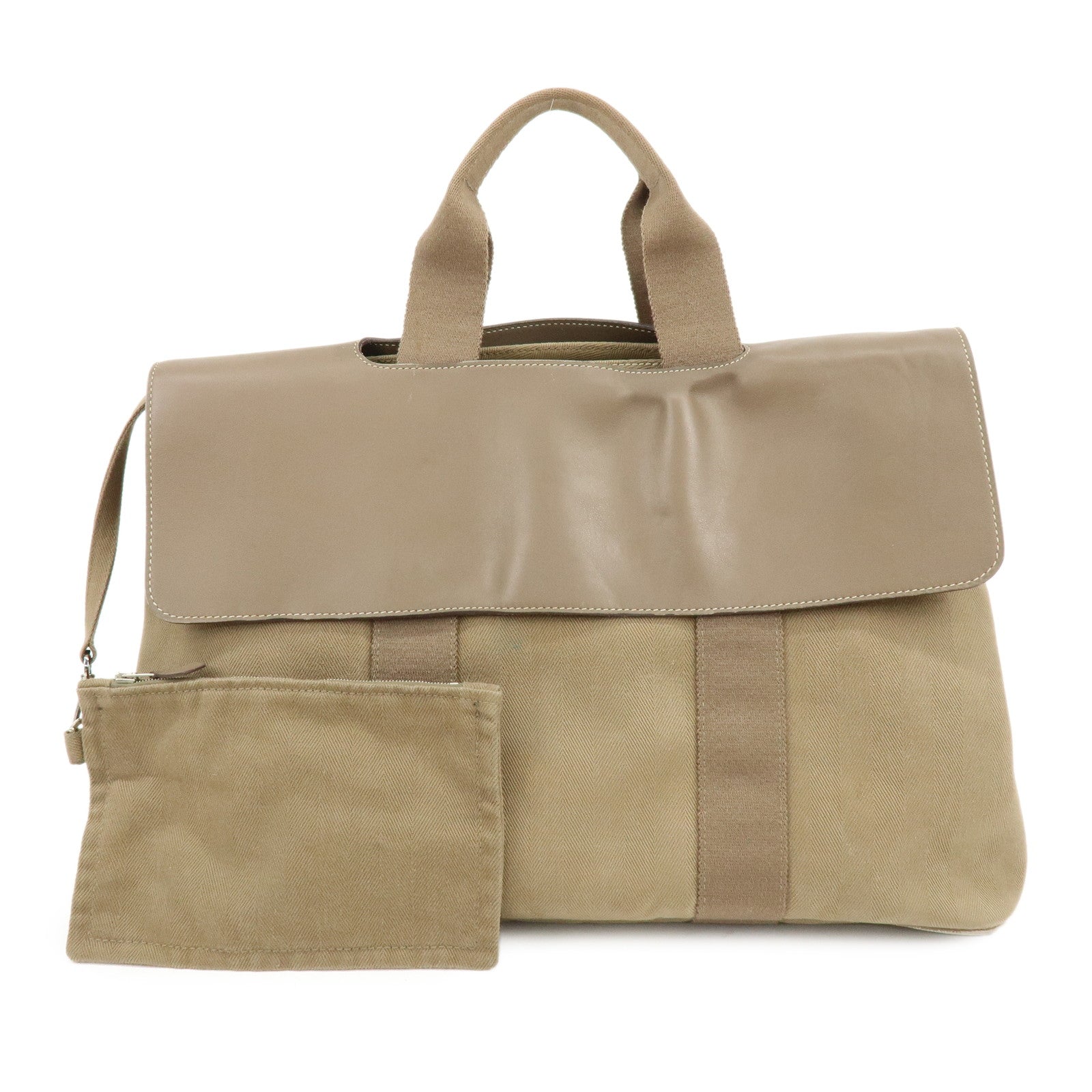 HERMES Valparaiso Toile Chevron Leather MM Hand Tote Bag Beige
