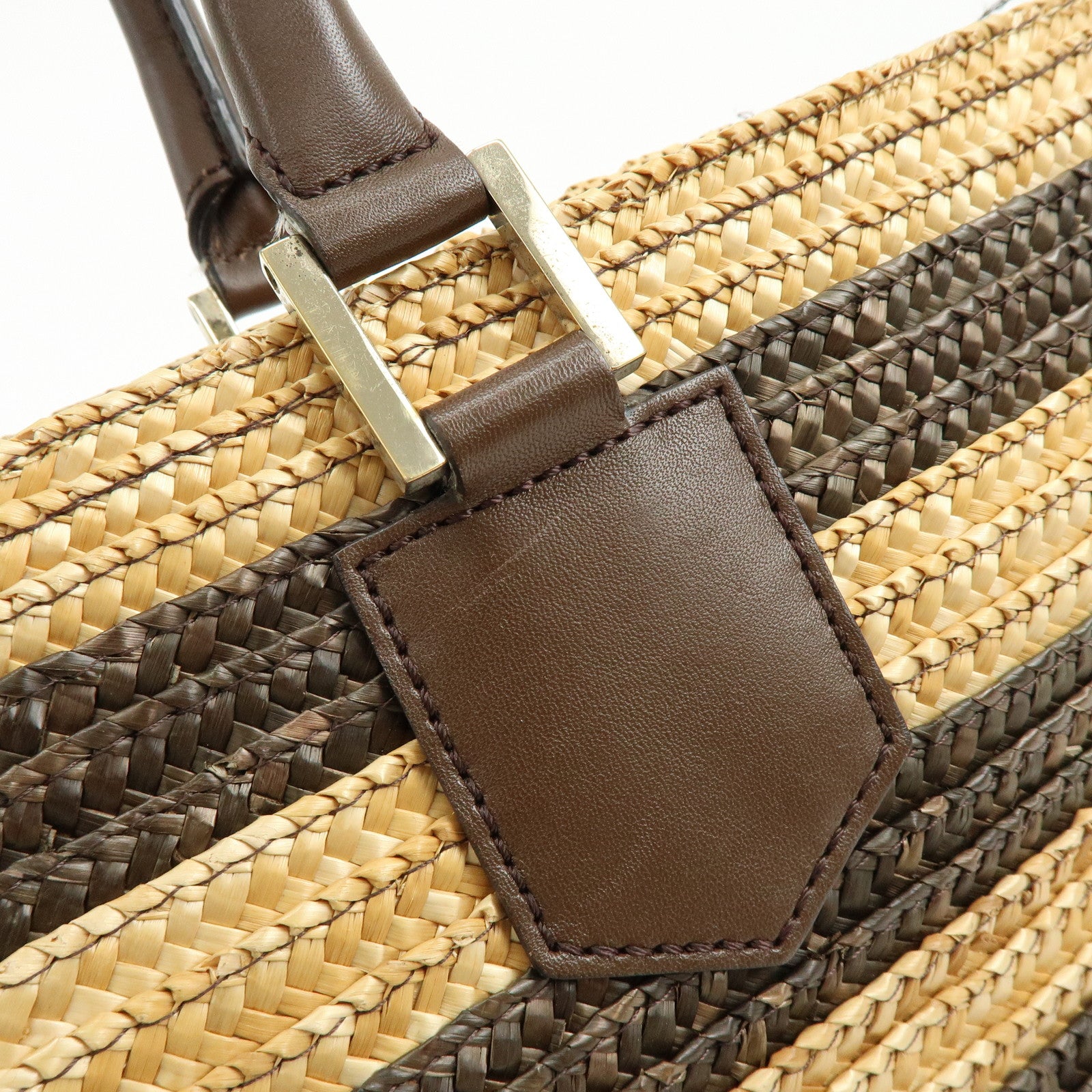 FENDI Pequin Raffia Leather Tote Bag Shoulder Bag Brown Natural