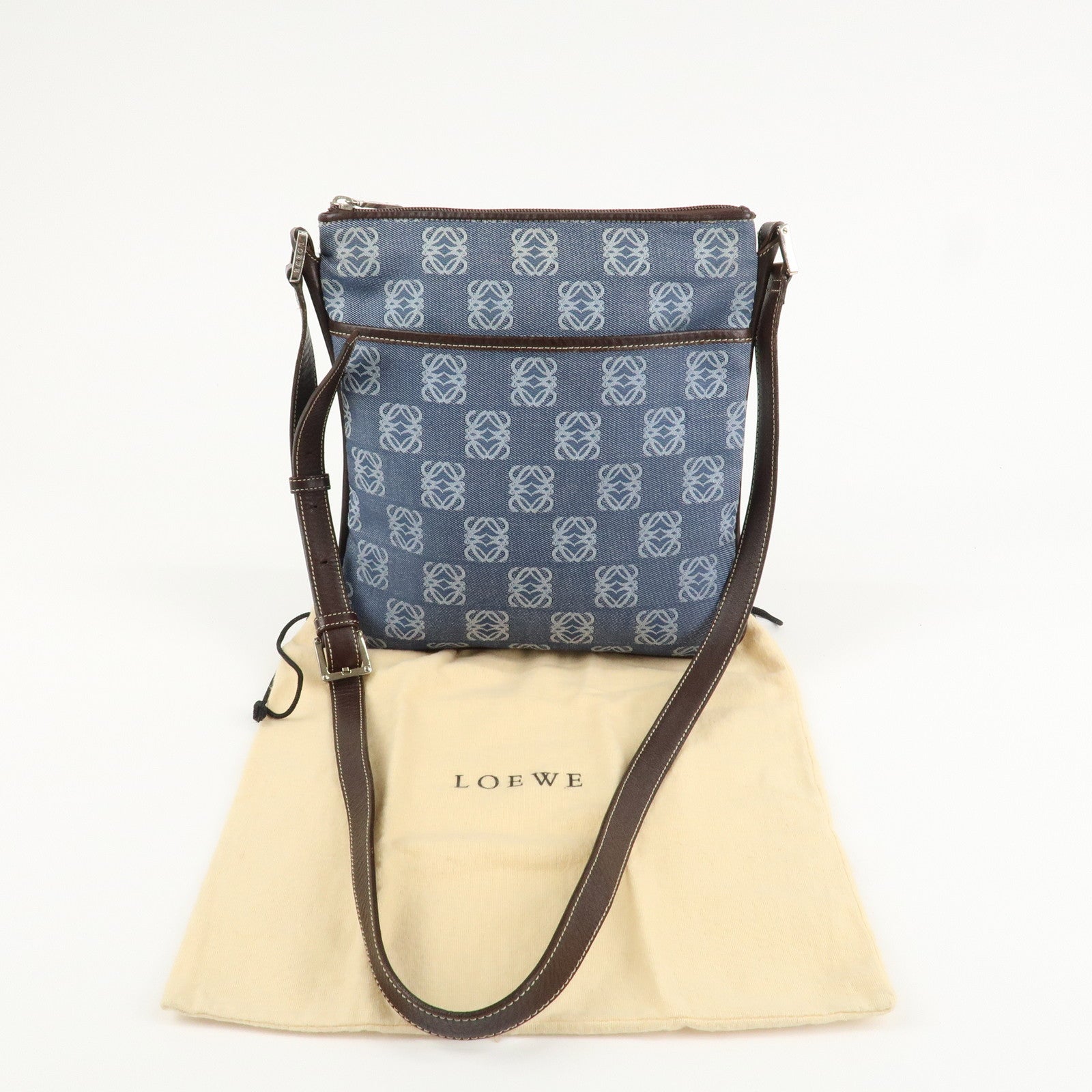 LOEWE Repeat Anagram Canvas Leather Shoulder Bag Crossbody Bag Blue Used