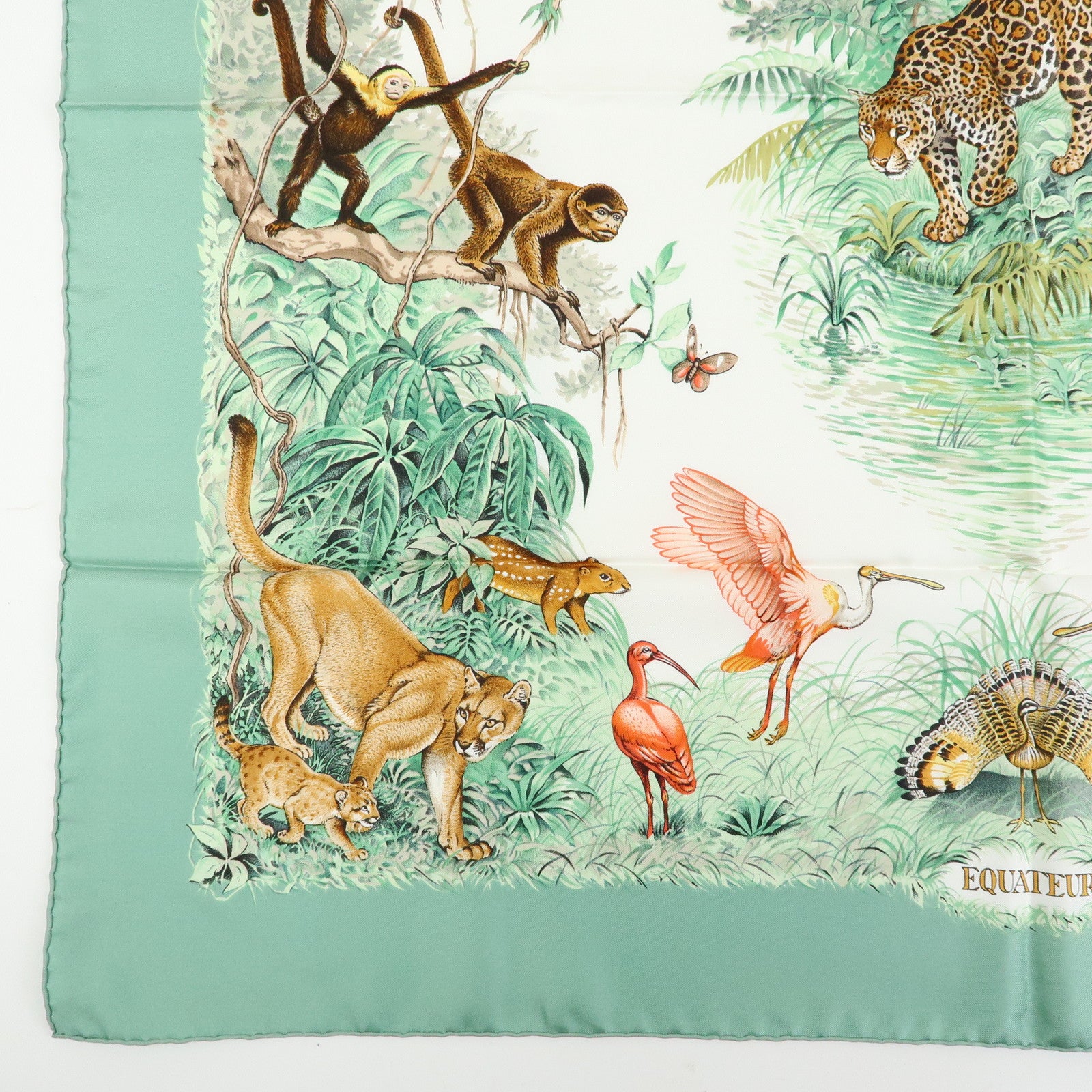 HERMES Carre 90 Silk 100% Scarf EQUATEUR Light Green Brown White