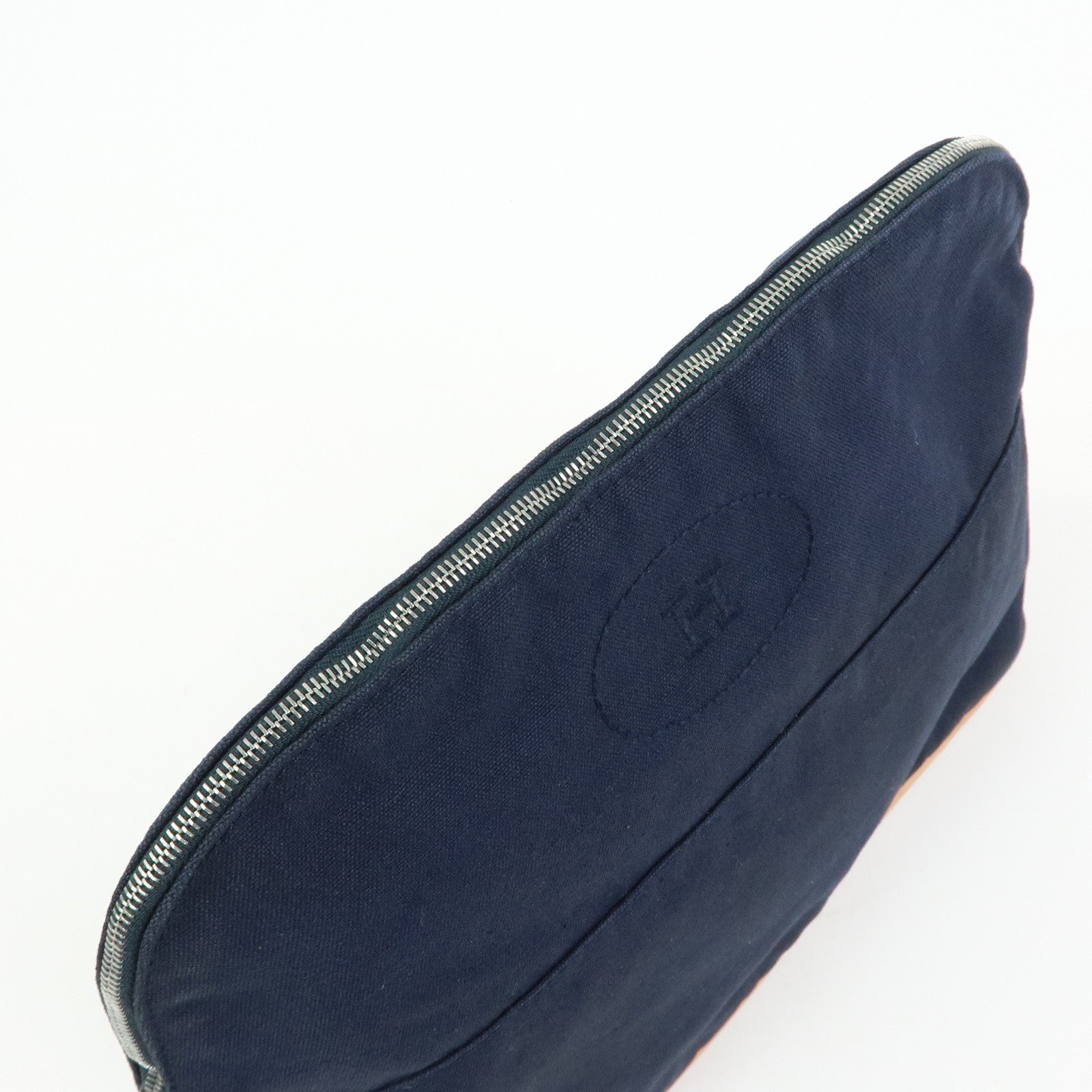 HERMES Bolide Pouch GM Cotton Leather Cosmetic Pouch Navy
