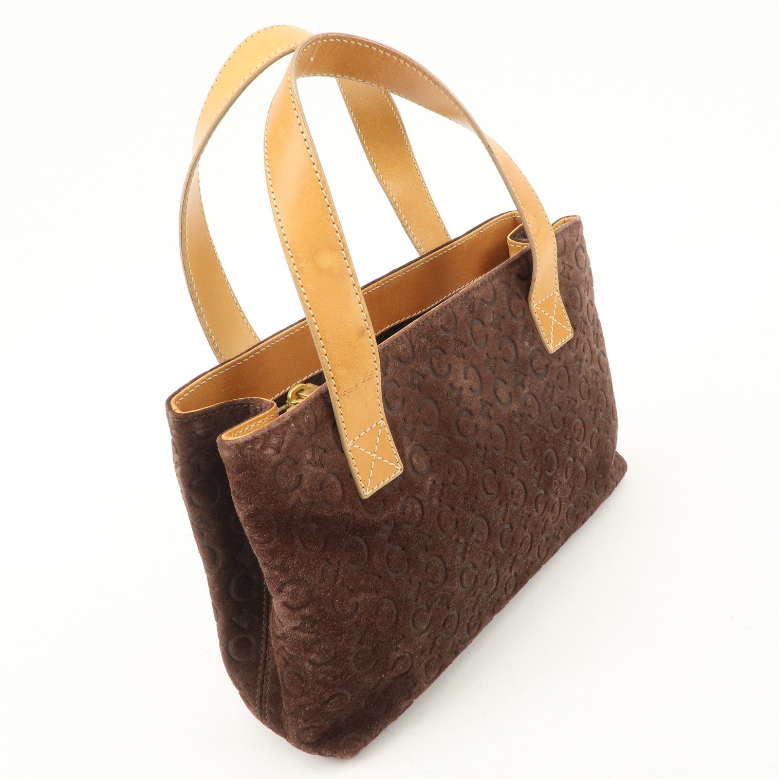 CELINE C Macadam Suede Leather Tote Bag Hand Bag Dark Brown Used