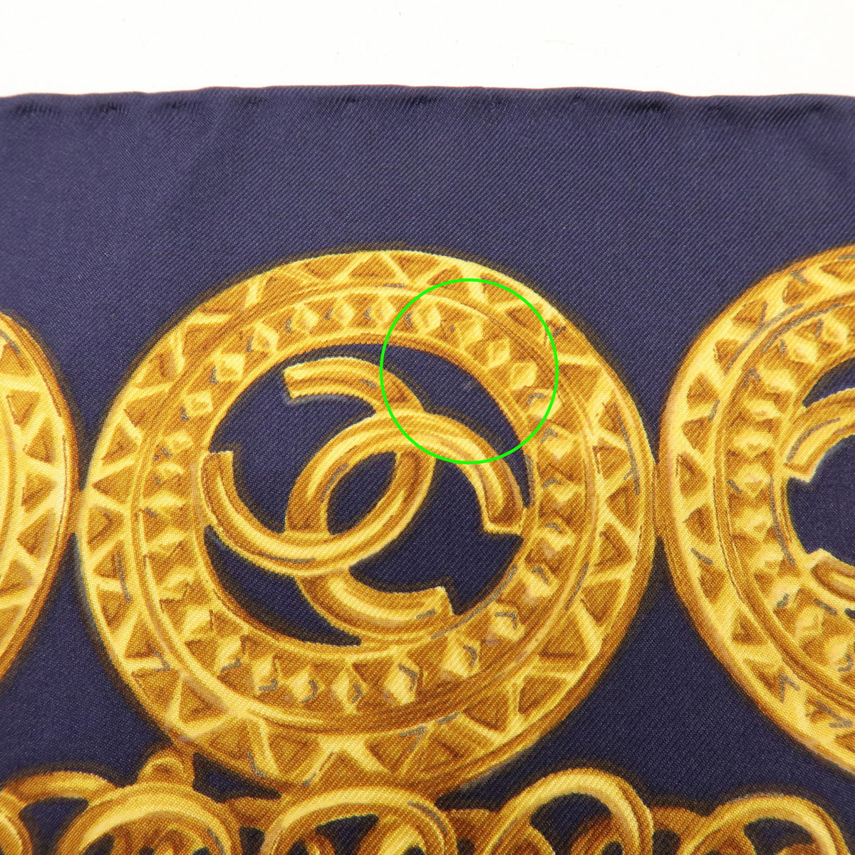 CHANEL COCO Mark Silk 100% Scarf Chain Print Gold Navy Red
