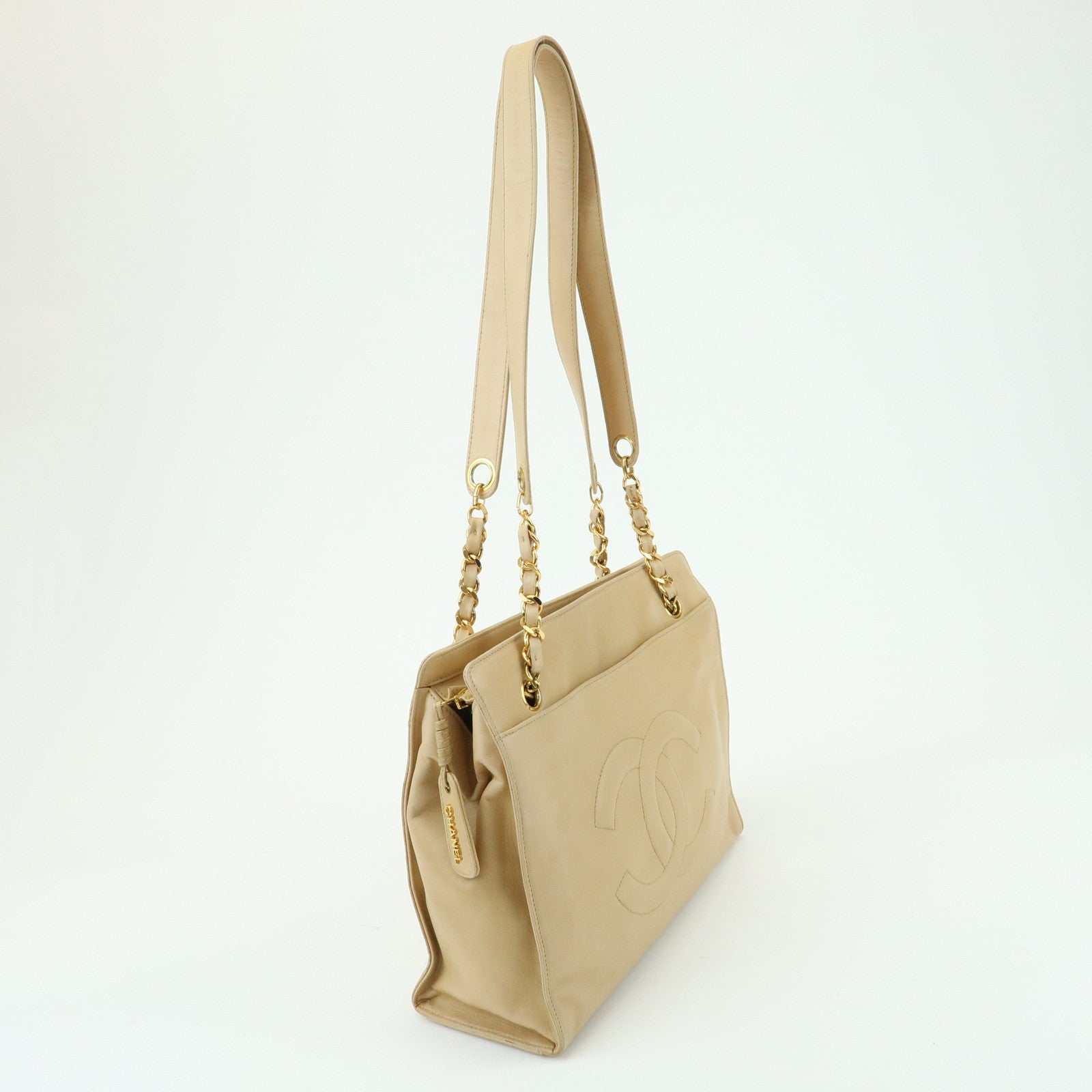 CHANEL COCO Mark Lamb Skin Chain Shoulder Bag Tote Bag Beige Gold