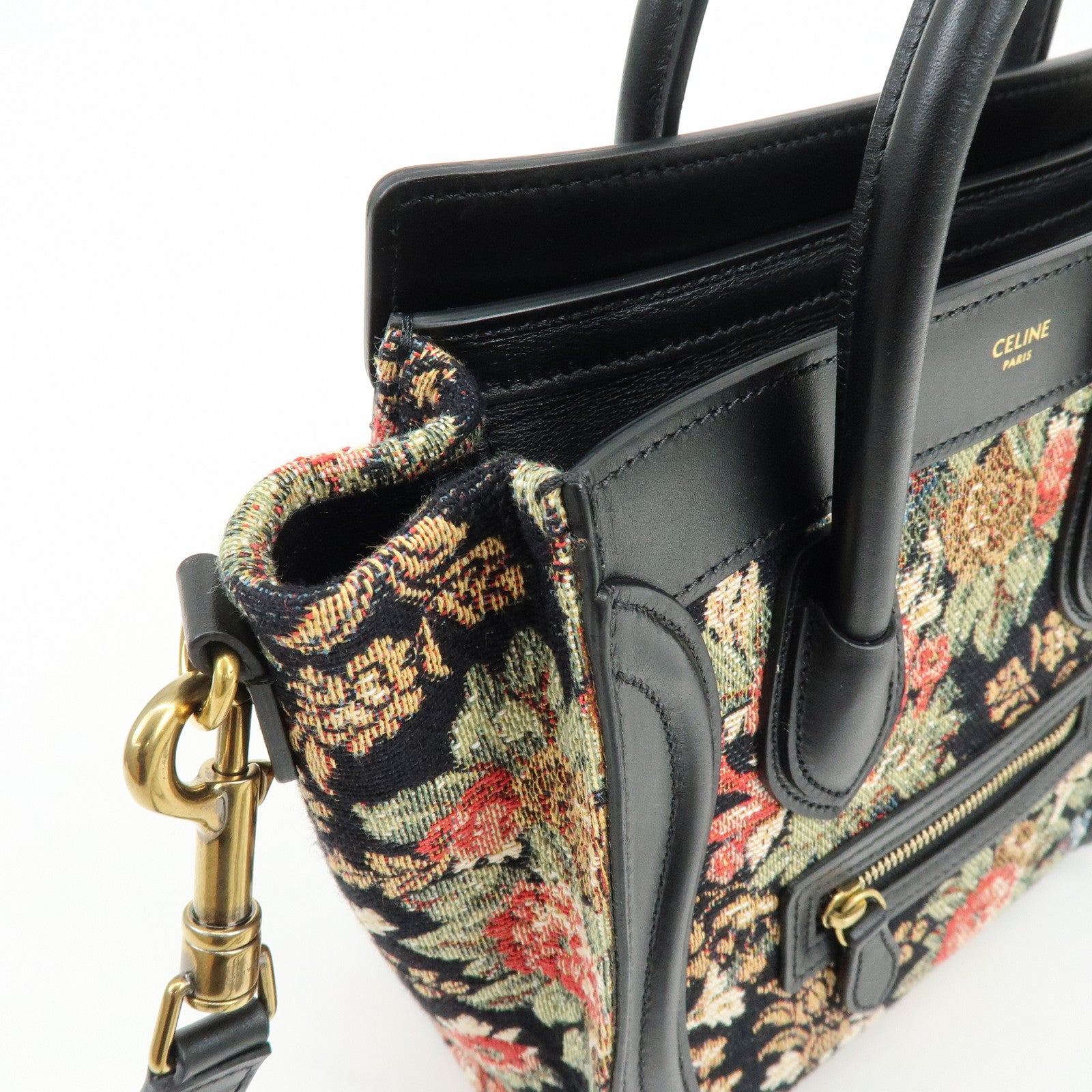 CELINE Luggage Jaquard Canvas Leathre Flower 2Way Shoulder Bag Black