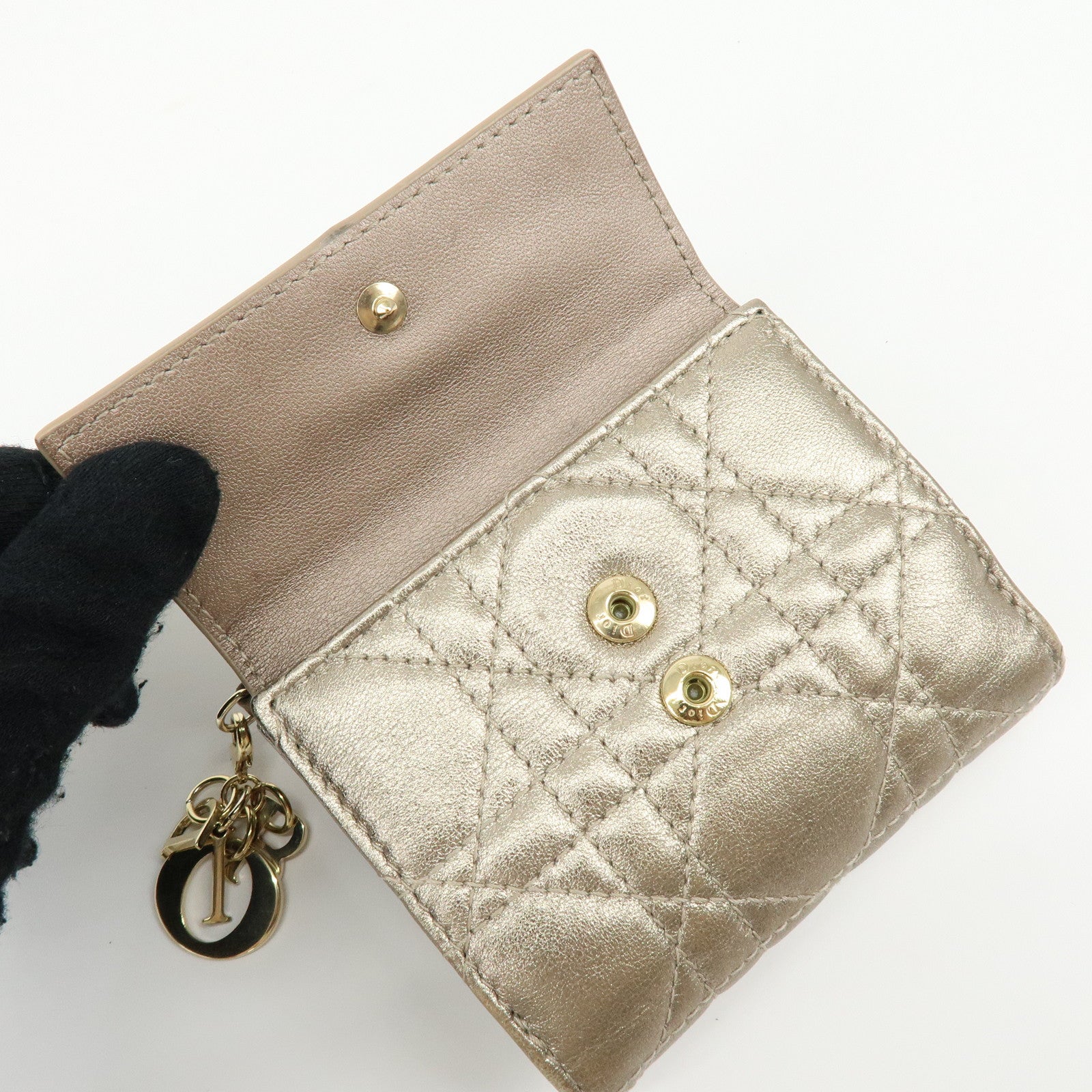 Christian Dior Lady Dior Cannage Leather Lotus Compact Wallet Beige