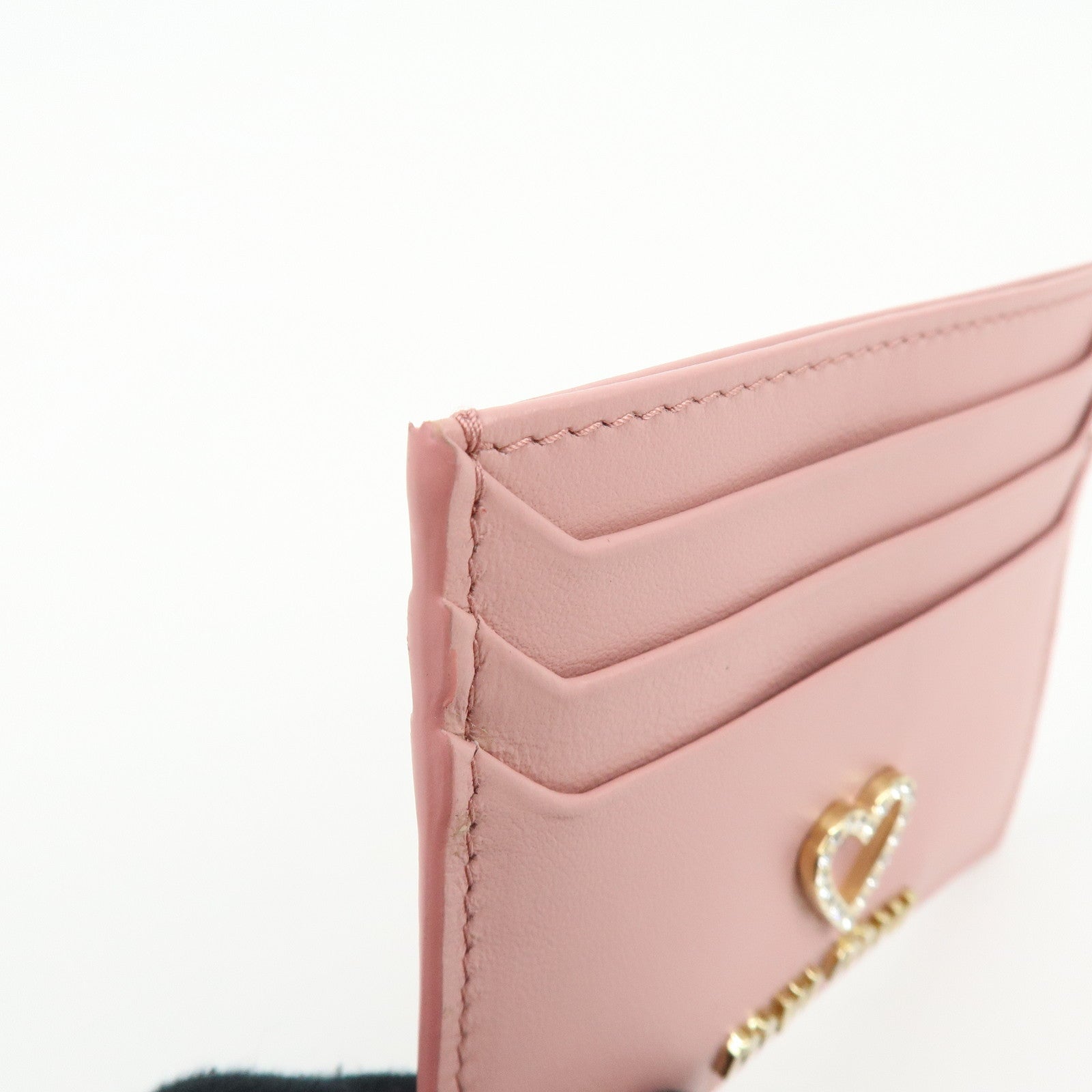 MIU MIU Leather Card Case Valentine Limited Heart Motif Rhinestone Pink