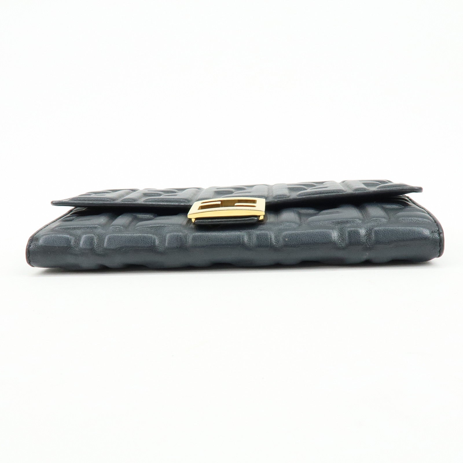 FENDI  Baguette Zucca Embossed Leather Chain Long Wallet Black 8M0365