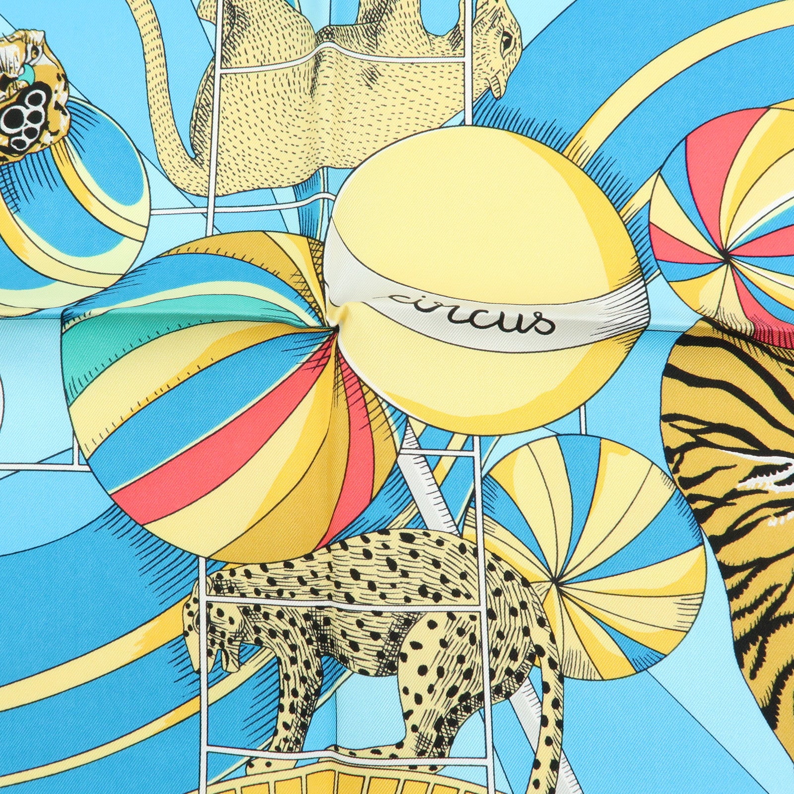 HERMES Carre 90 Silk 100% Scarf Circus Blue Yellow White