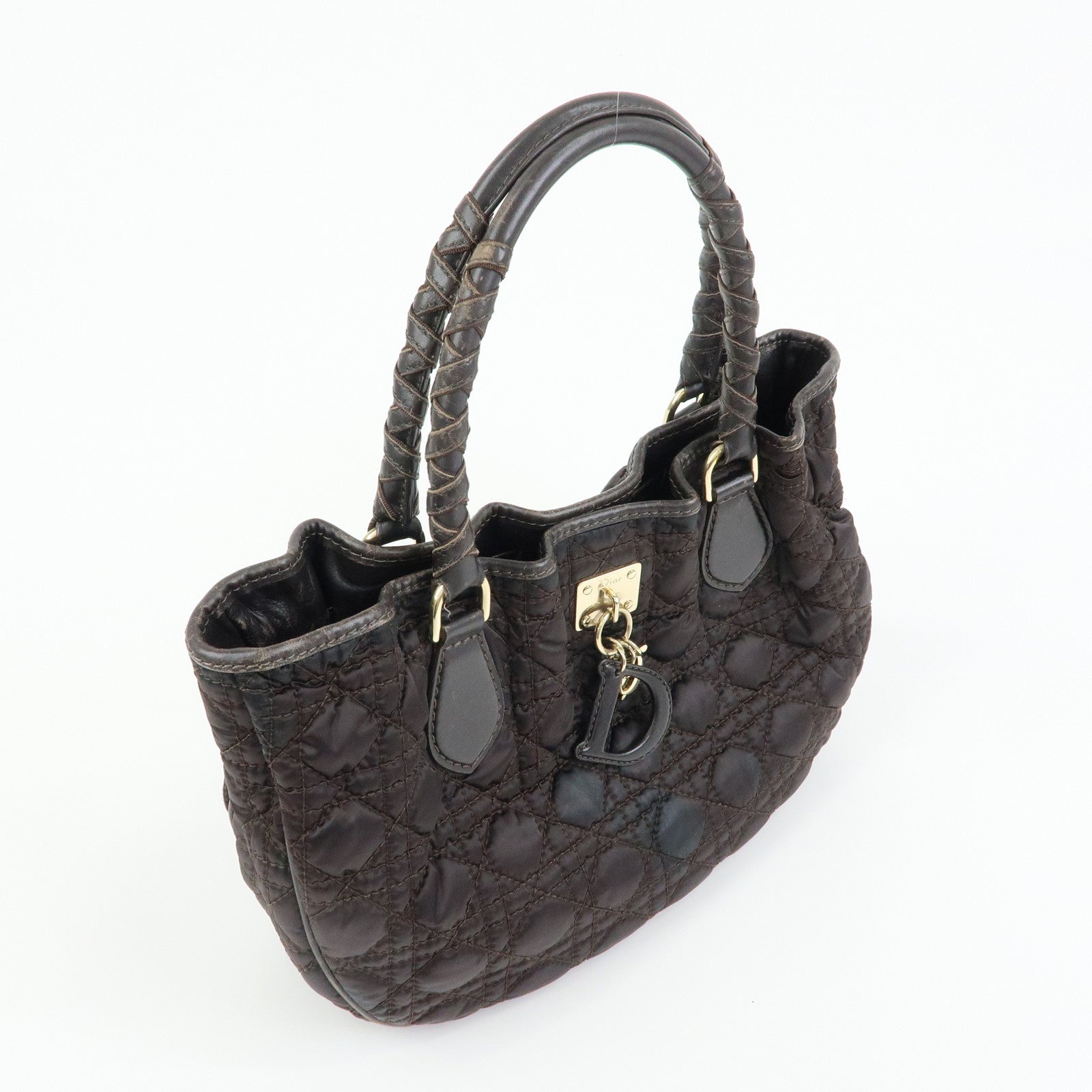 Christian Dior Lady Dior Cannage Nylon Leather Hand Bag Tote Bag Brown