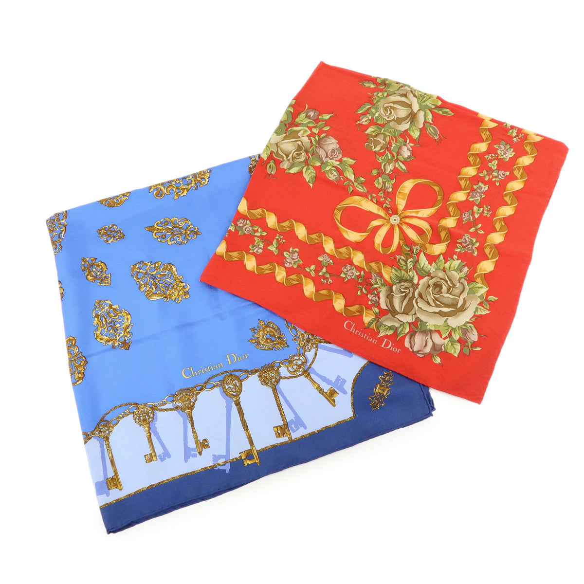 Christian Dior Lot of 2 Silk 100% Scarf Shawl Blue Red