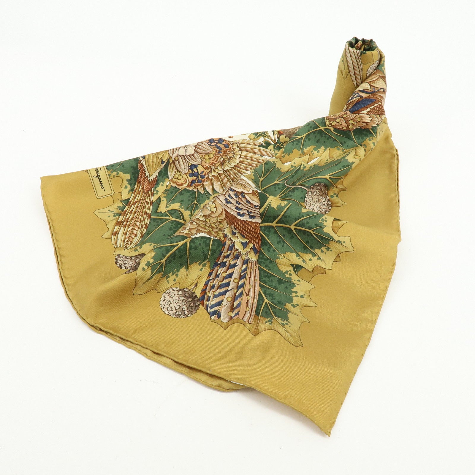 Ferragamo Silk 100% Scarf Bird Print Khaki Brown